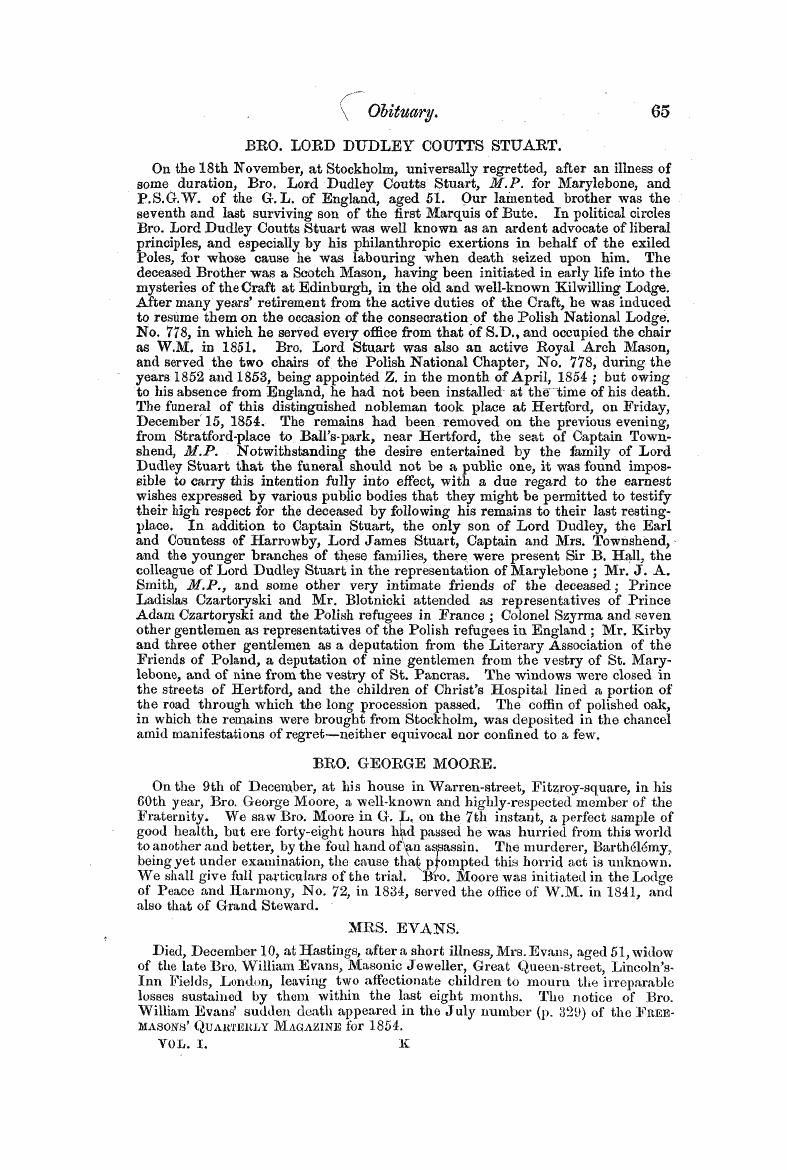 The Freemasons' Monthly Magazine: 1855-01-01 - Bro. Lord Dudley Coutts Stuabt.