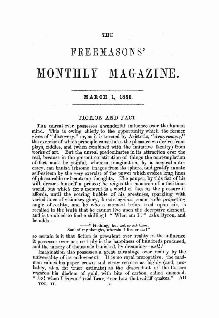 The Freemasons' Monthly Magazine: 1856-03-01 - Fiction And Fact.