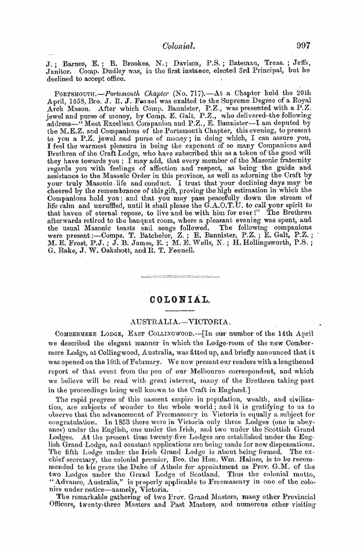 The Freemasons' Monthly Magazine: 1858-05-01 - Colonial.