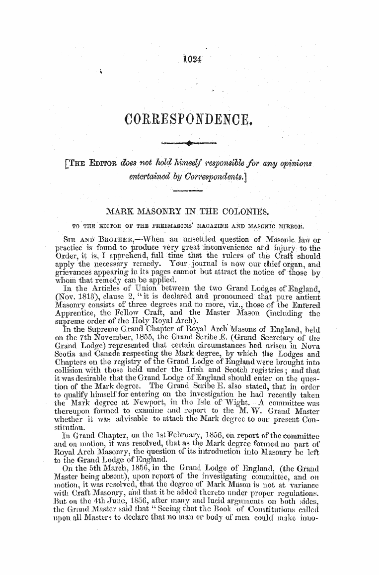 The Freemasons' Monthly Magazine: 1858-12-01 - Corresfoidence,