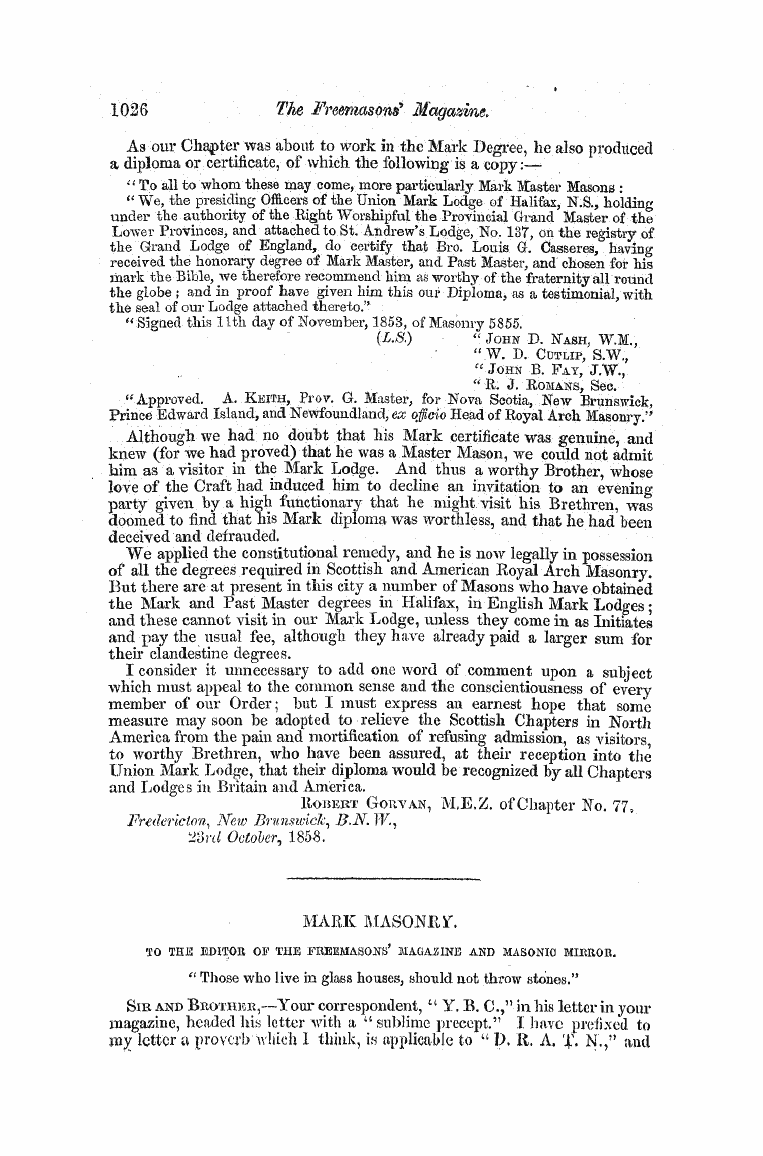 The Freemasons' Monthly Magazine: 1858-12-01 - Corresfoidence,