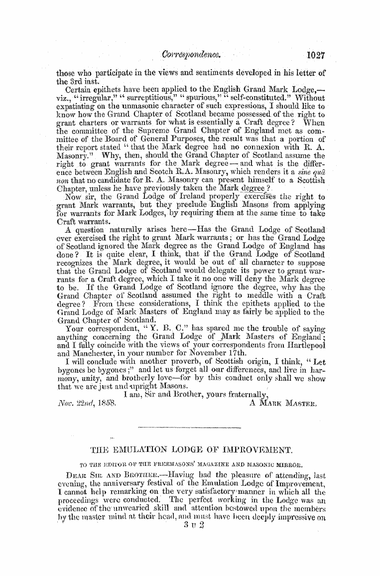 The Freemasons' Monthly Magazine: 1858-12-01 - Corresfoidence,