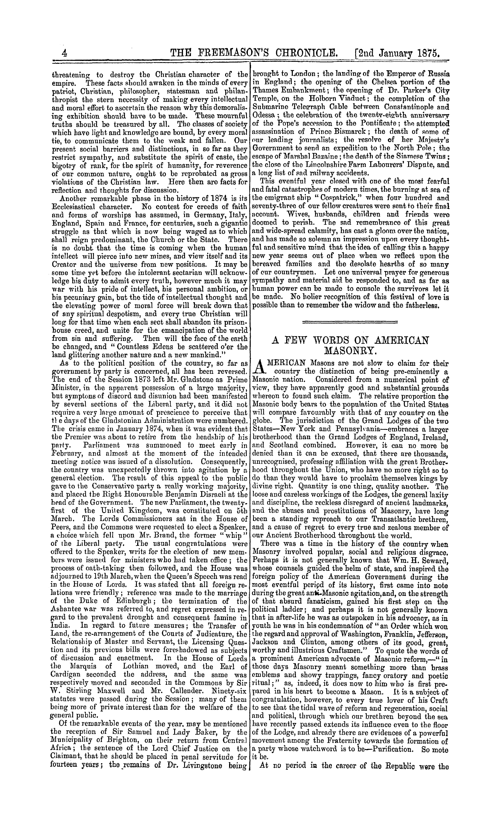 The Freemason's Chronicle: 1875-01-02 - The Year 1874.
