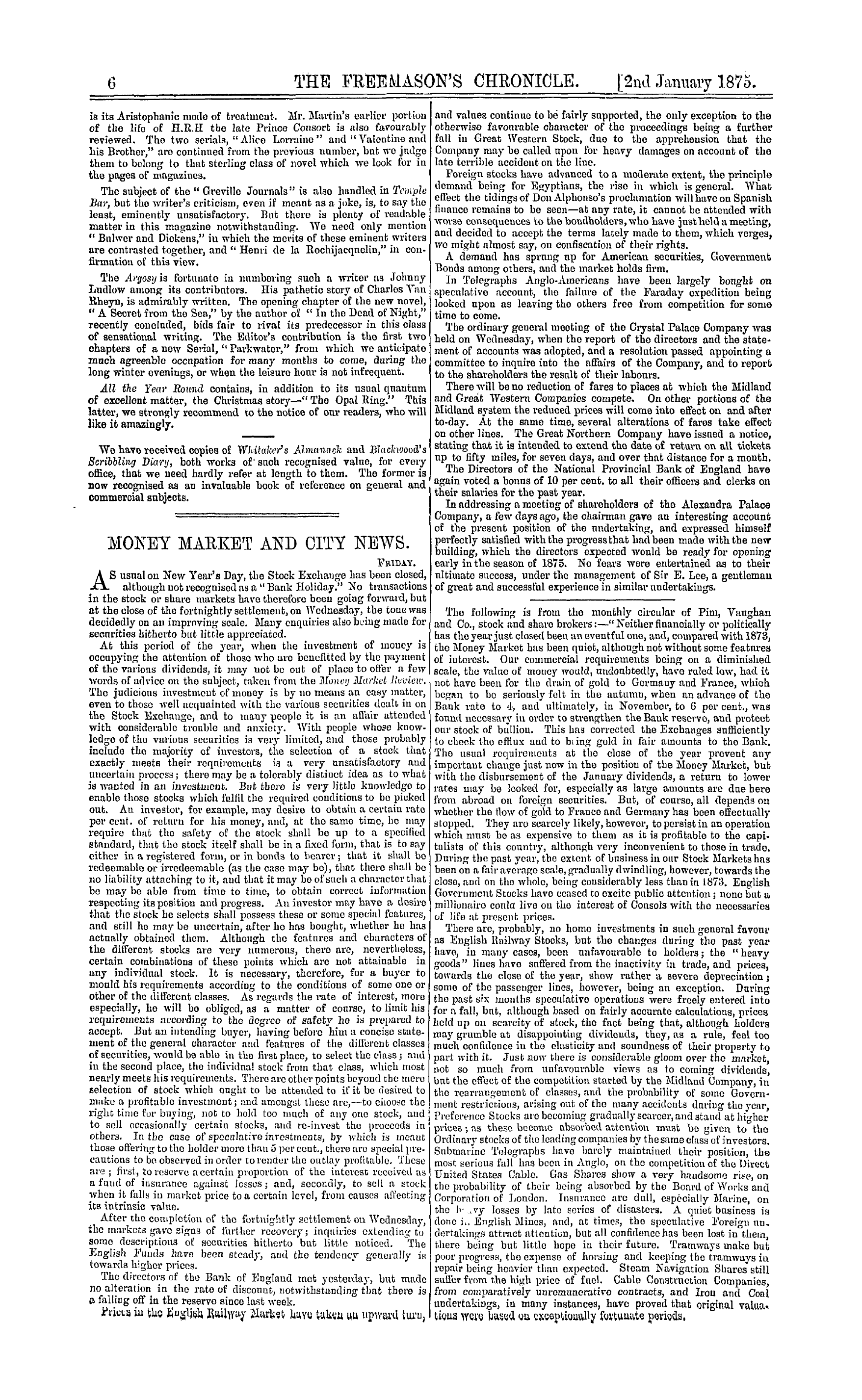 The Freemason's Chronicle: 1875-01-02 - Money Market And City News.