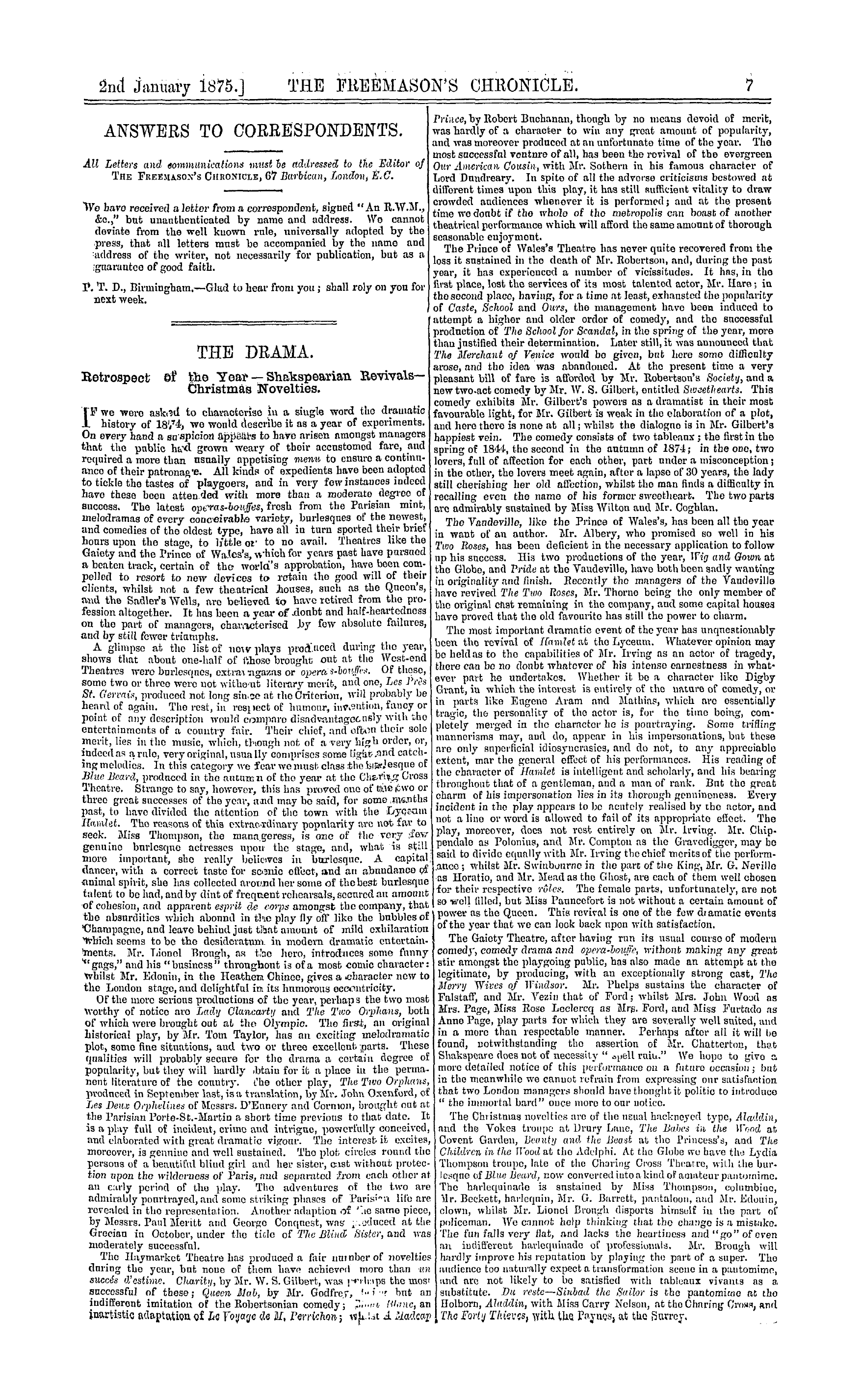 The Freemason's Chronicle: 1875-01-02 - Answers To Correspondents.