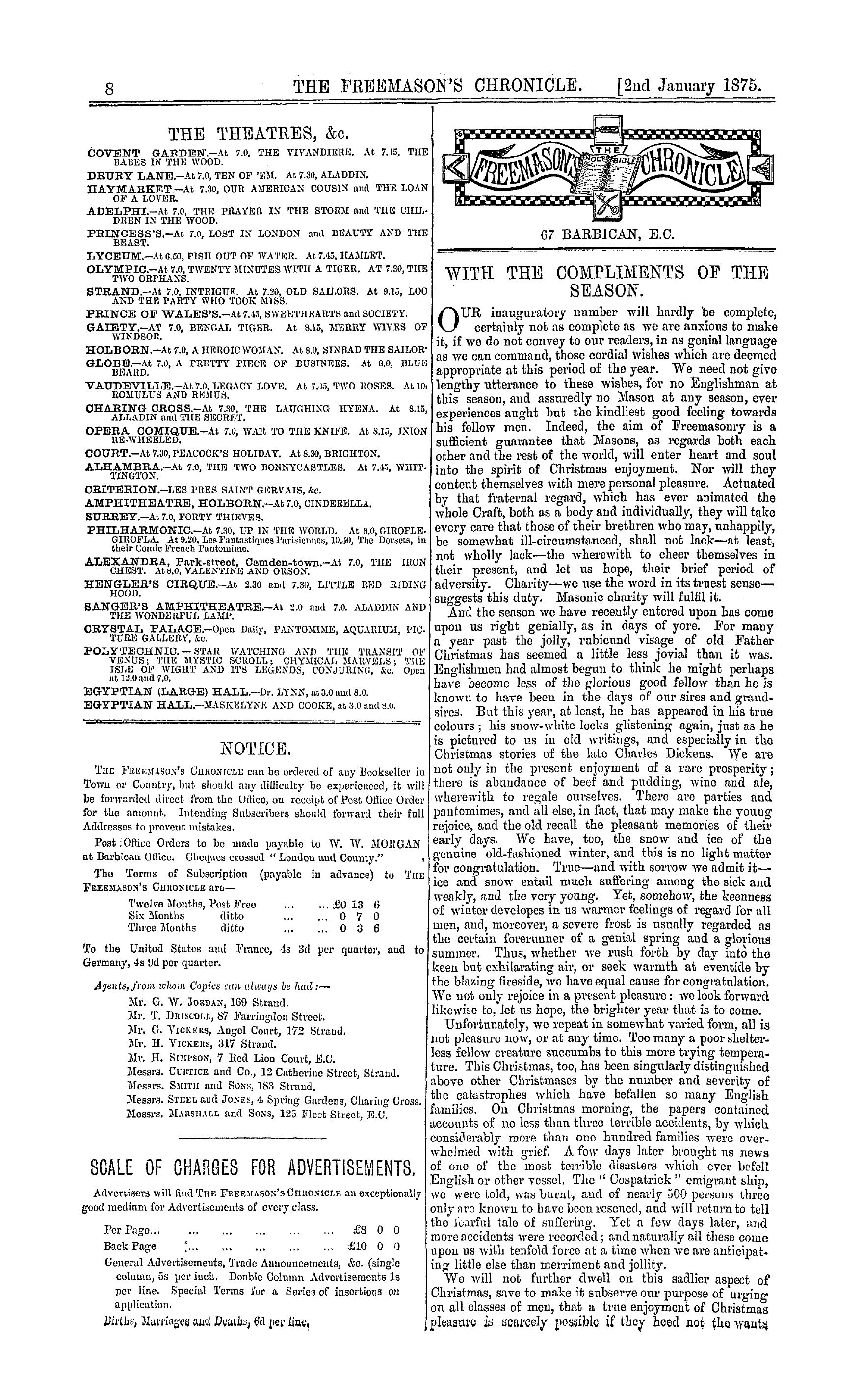 The Freemason's Chronicle: 1875-01-02 - Notice.