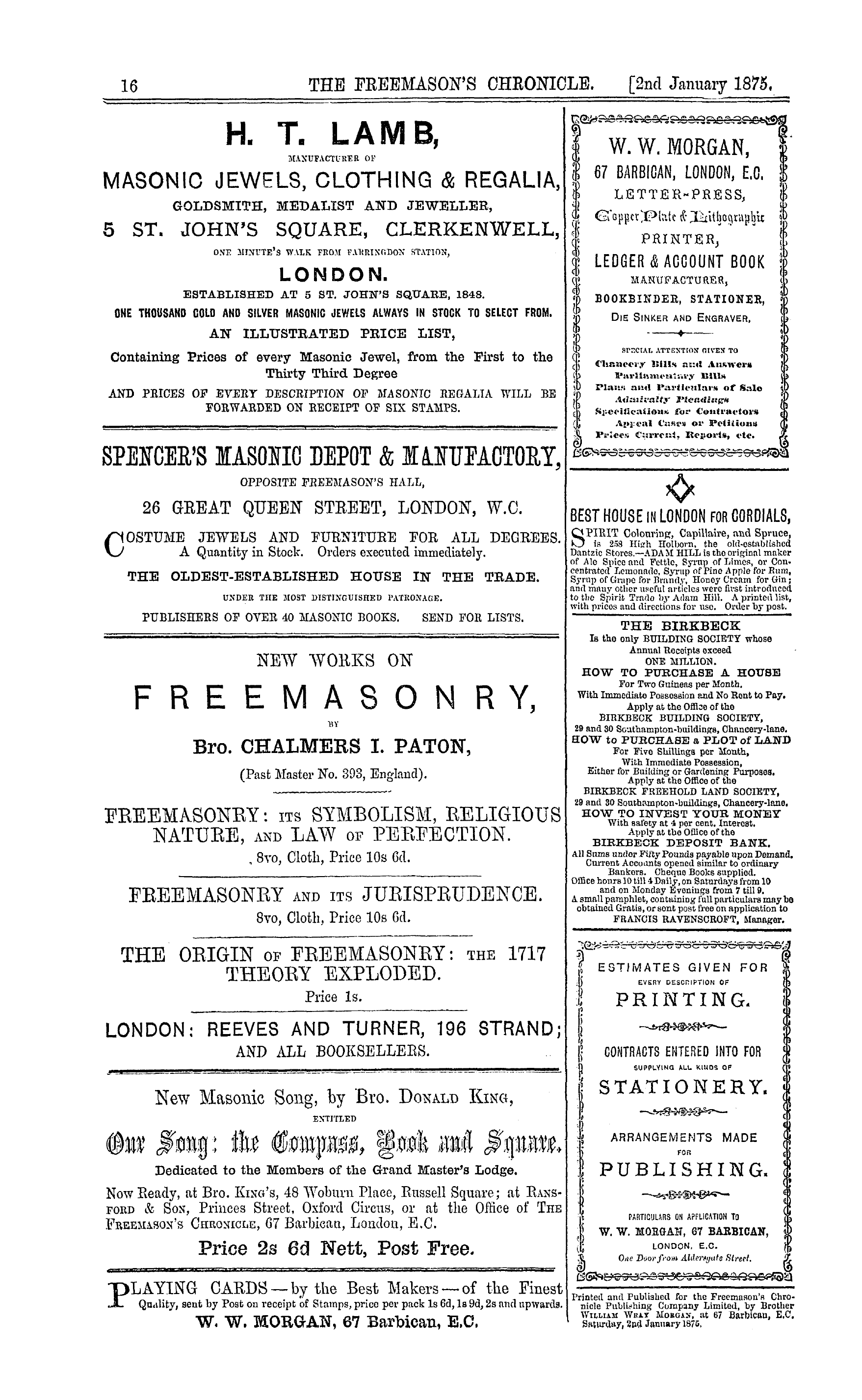 The Freemason's Chronicle: 1875-01-02 - Ad02007