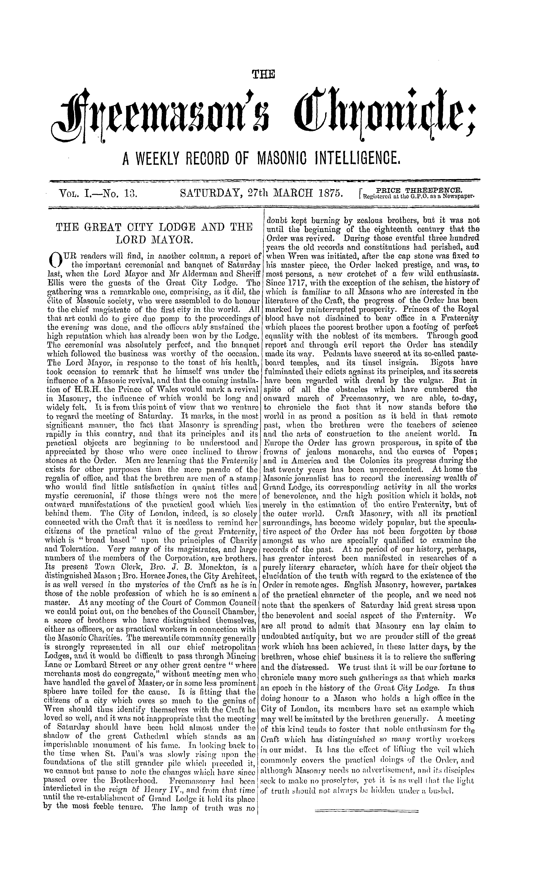 The Freemason's Chronicle: 1875-03-27 - The Great City Lodge And The Lord Mayor.