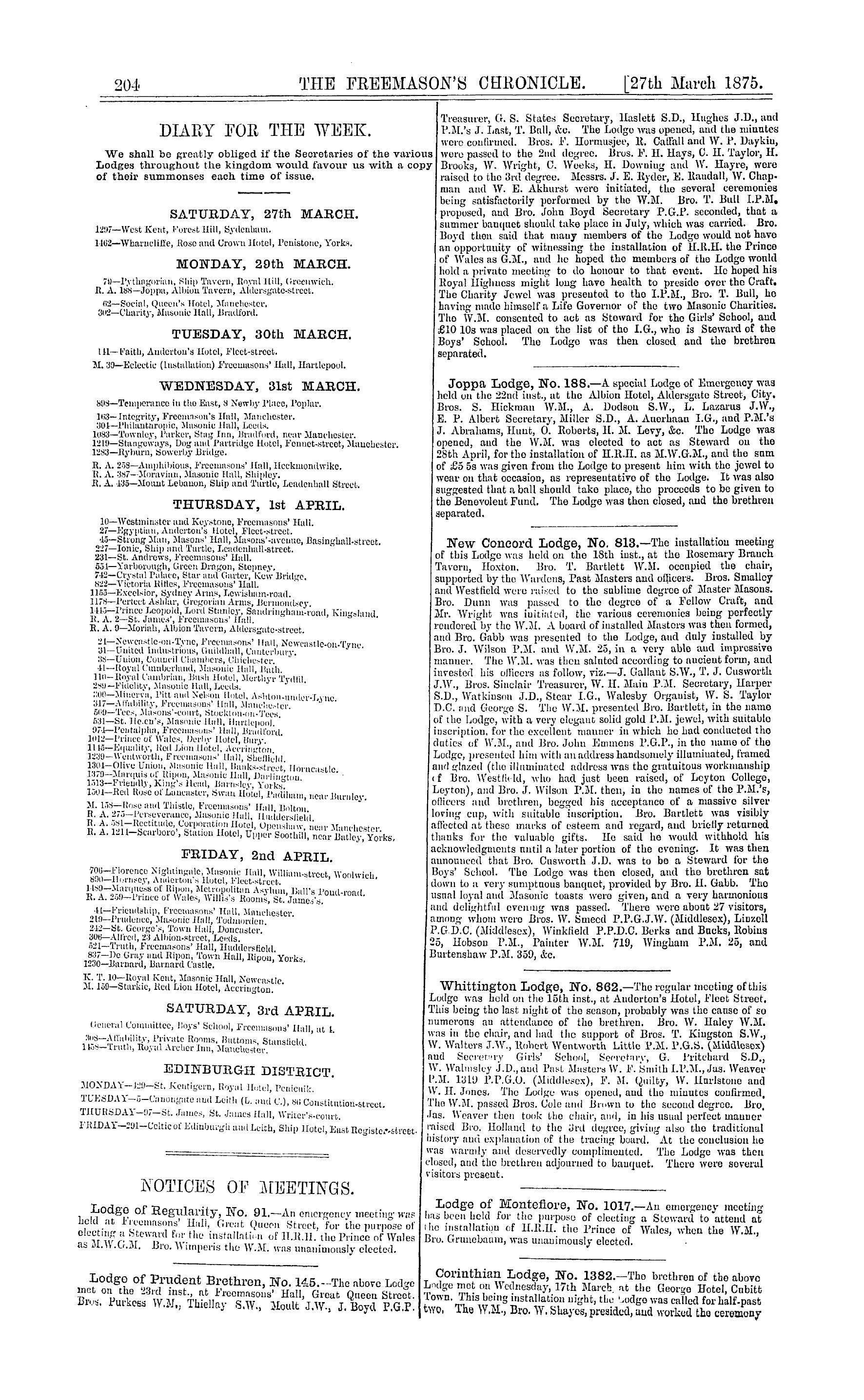 The Freemason's Chronicle: 1875-03-27 - Notices Of Meetings.