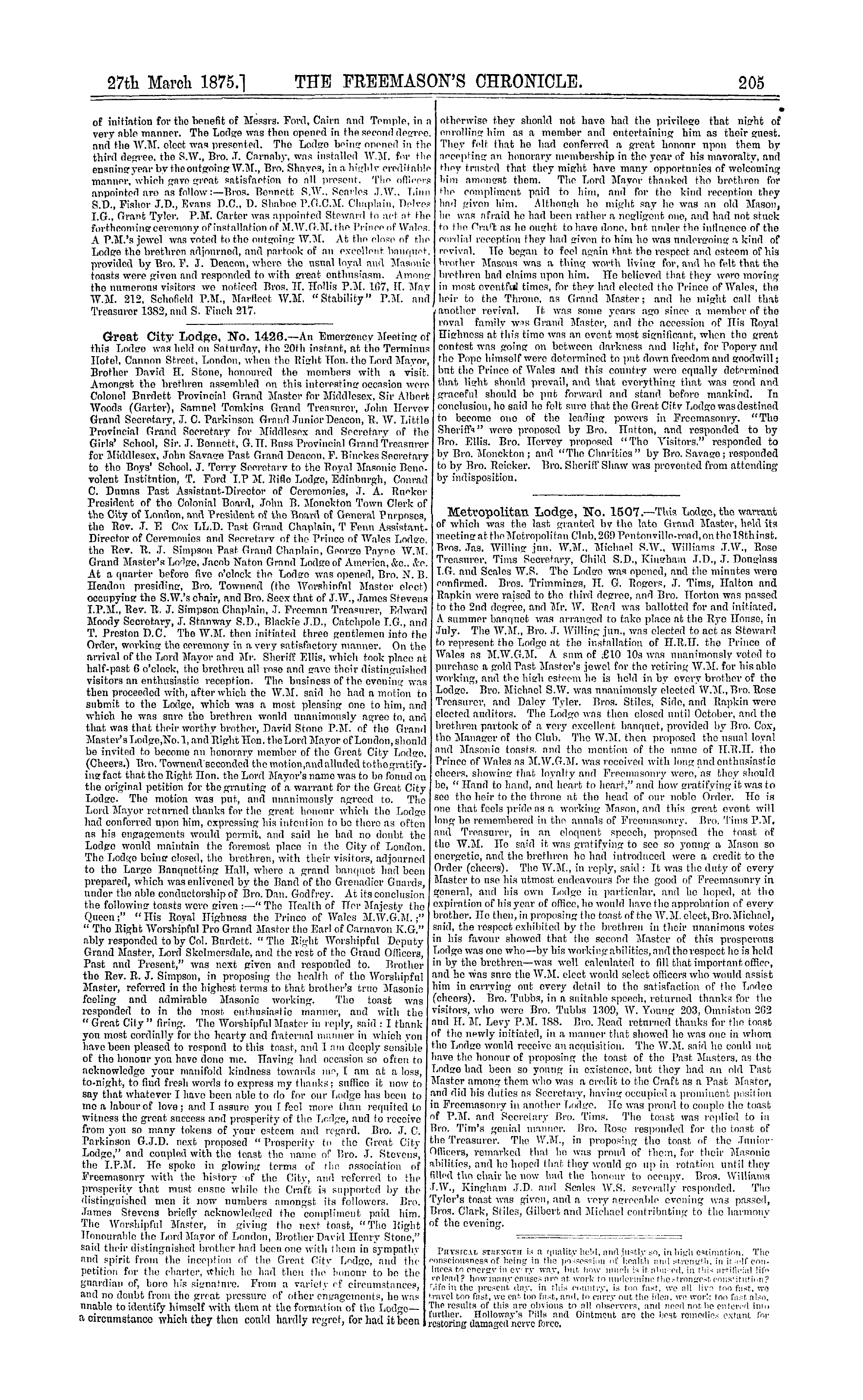 The Freemason's Chronicle: 1875-03-27 - Notices Of Meetings.