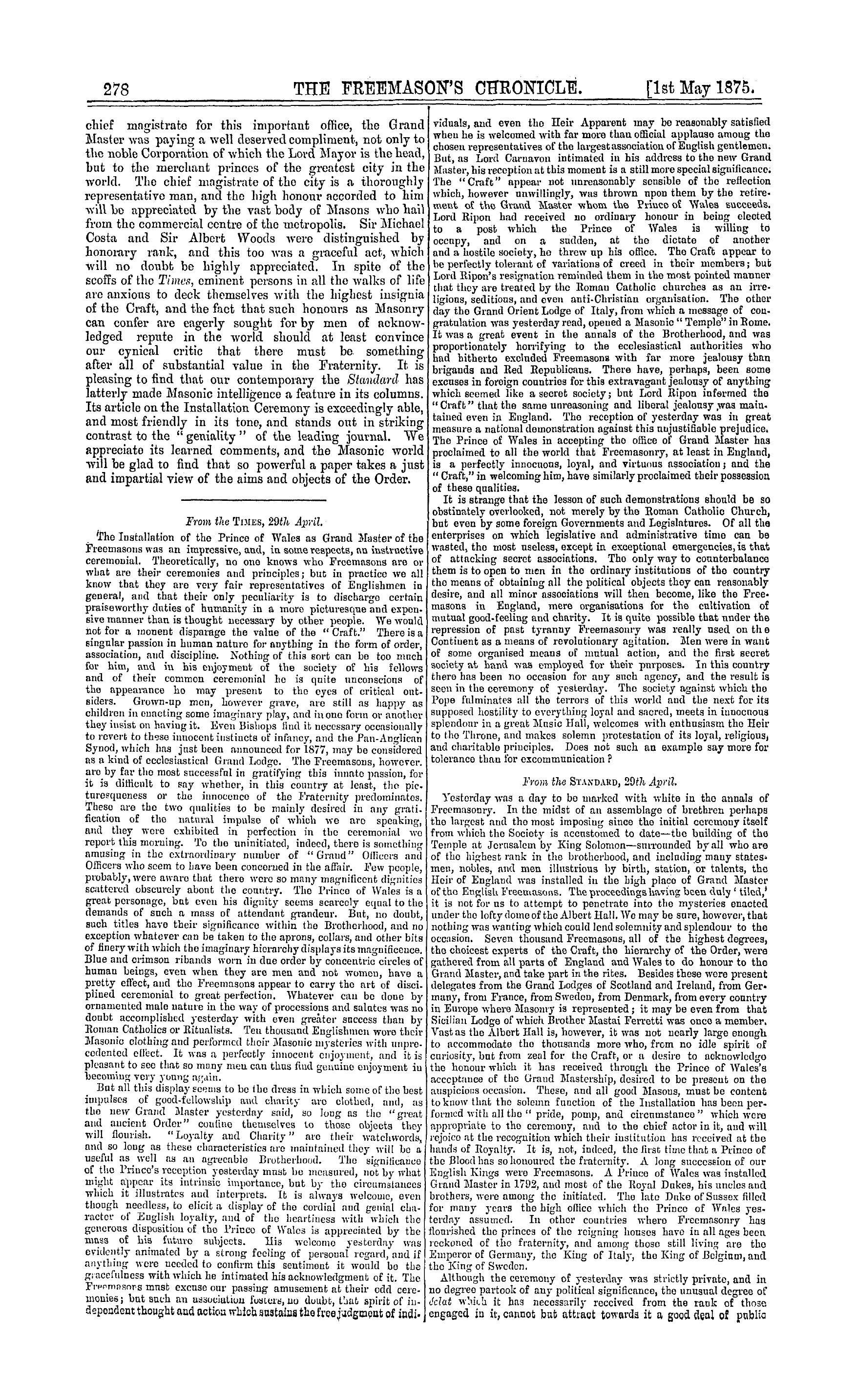 The Freemason's Chronicle: 1875-05-01 - The Press And The Installation.