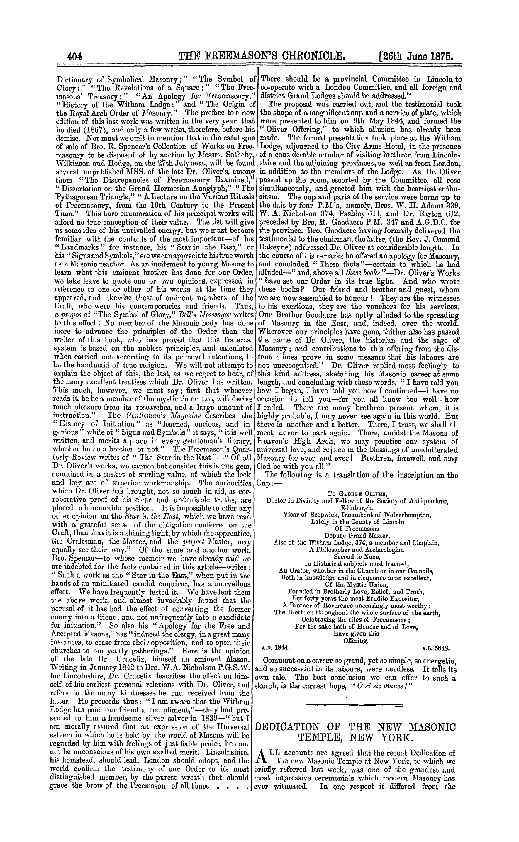 The Freemason's Chronicle: 1875-06-26 - Dedication Of The New Masonic Temple, New York.