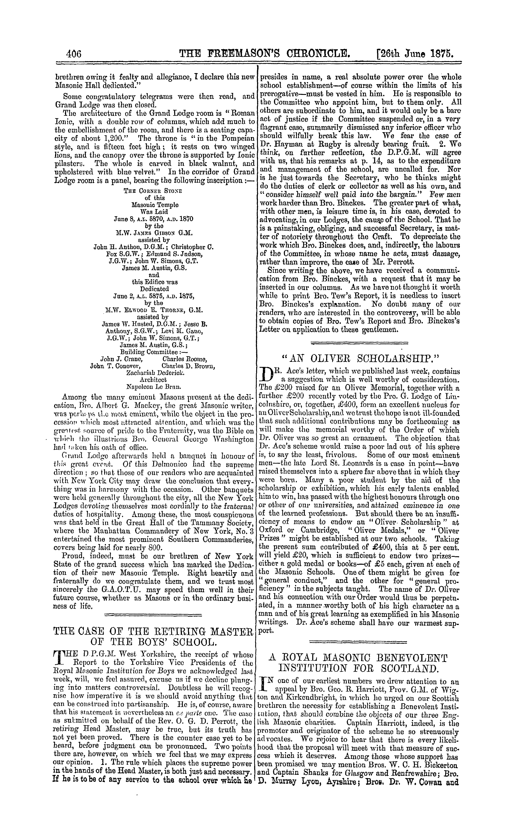 The Freemason's Chronicle: 1875-06-26 - Dedication Of The New Masonic Temple, New York.