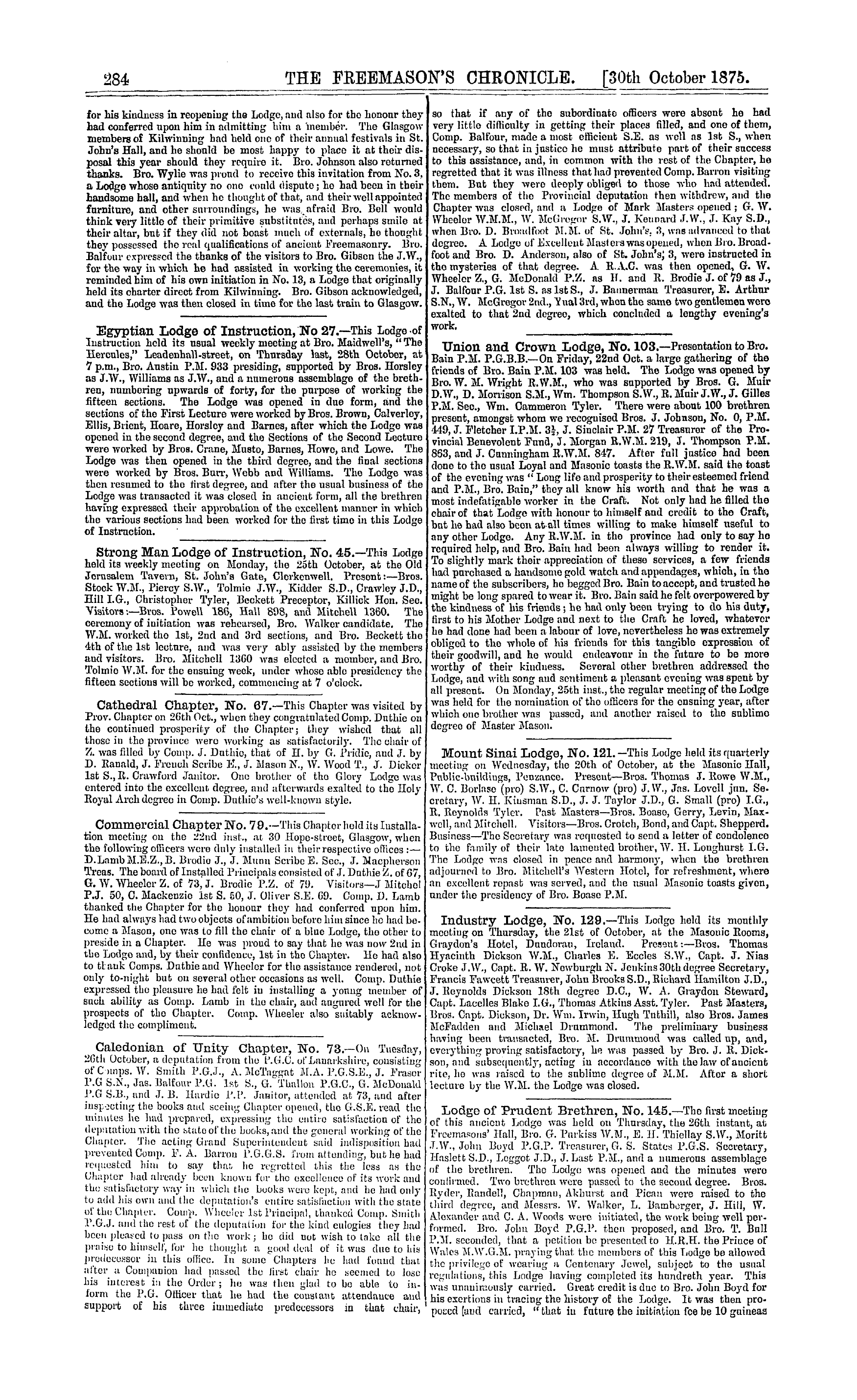 The Freemason's Chronicle: 1875-10-30 - Notices Of Meetings.