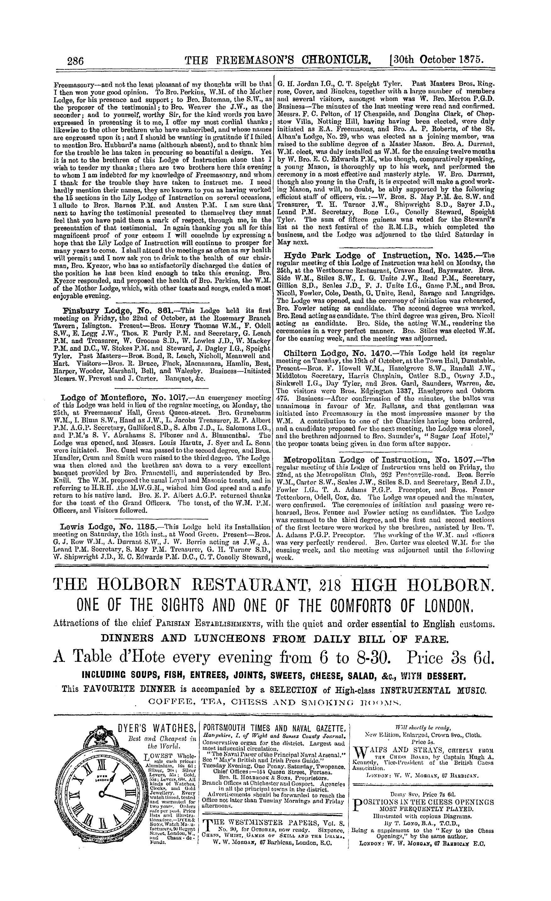 The Freemason's Chronicle: 1875-10-30 - Notices Of Meetings.