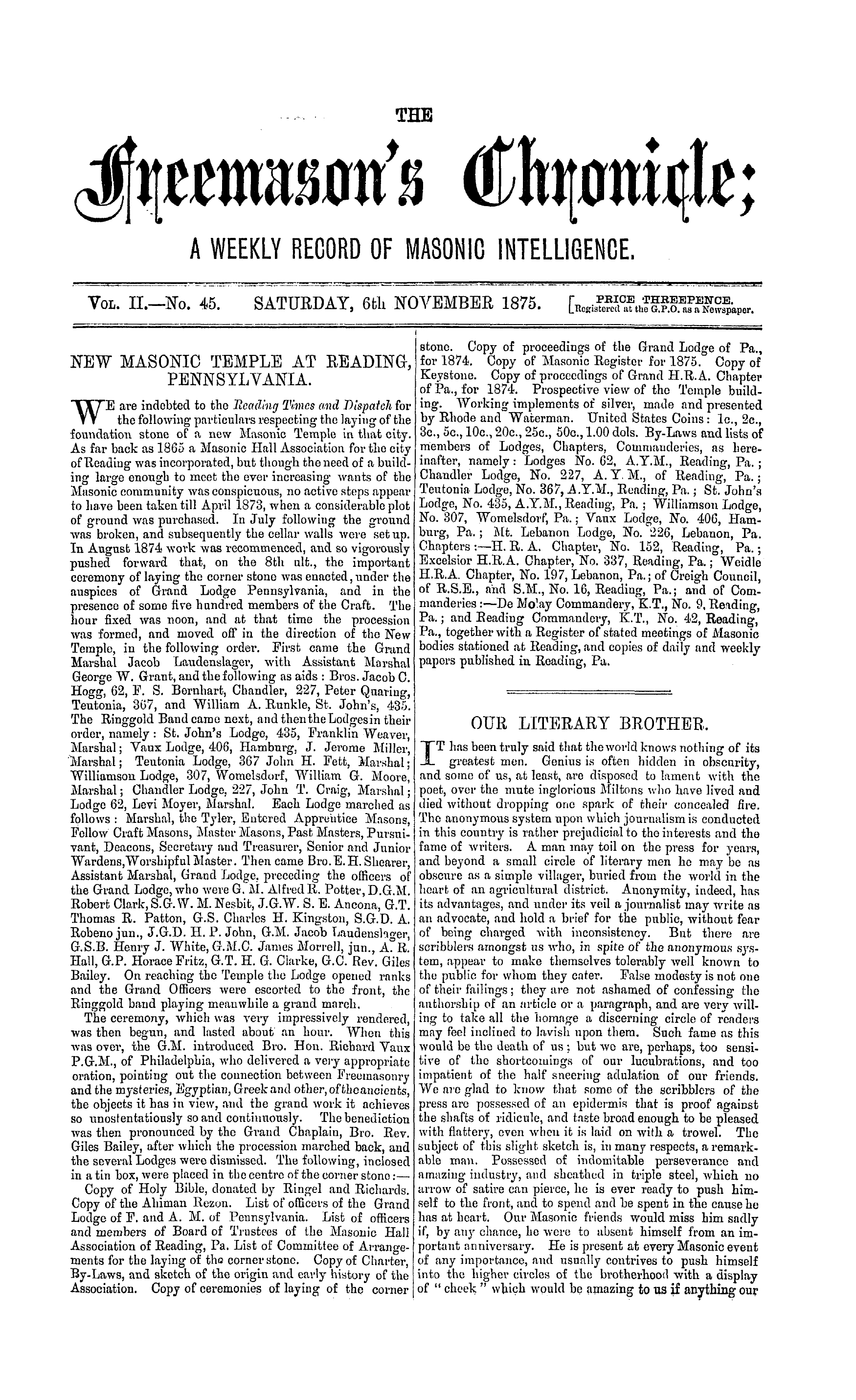 The Freemason's Chronicle: 1875-11-06: 1