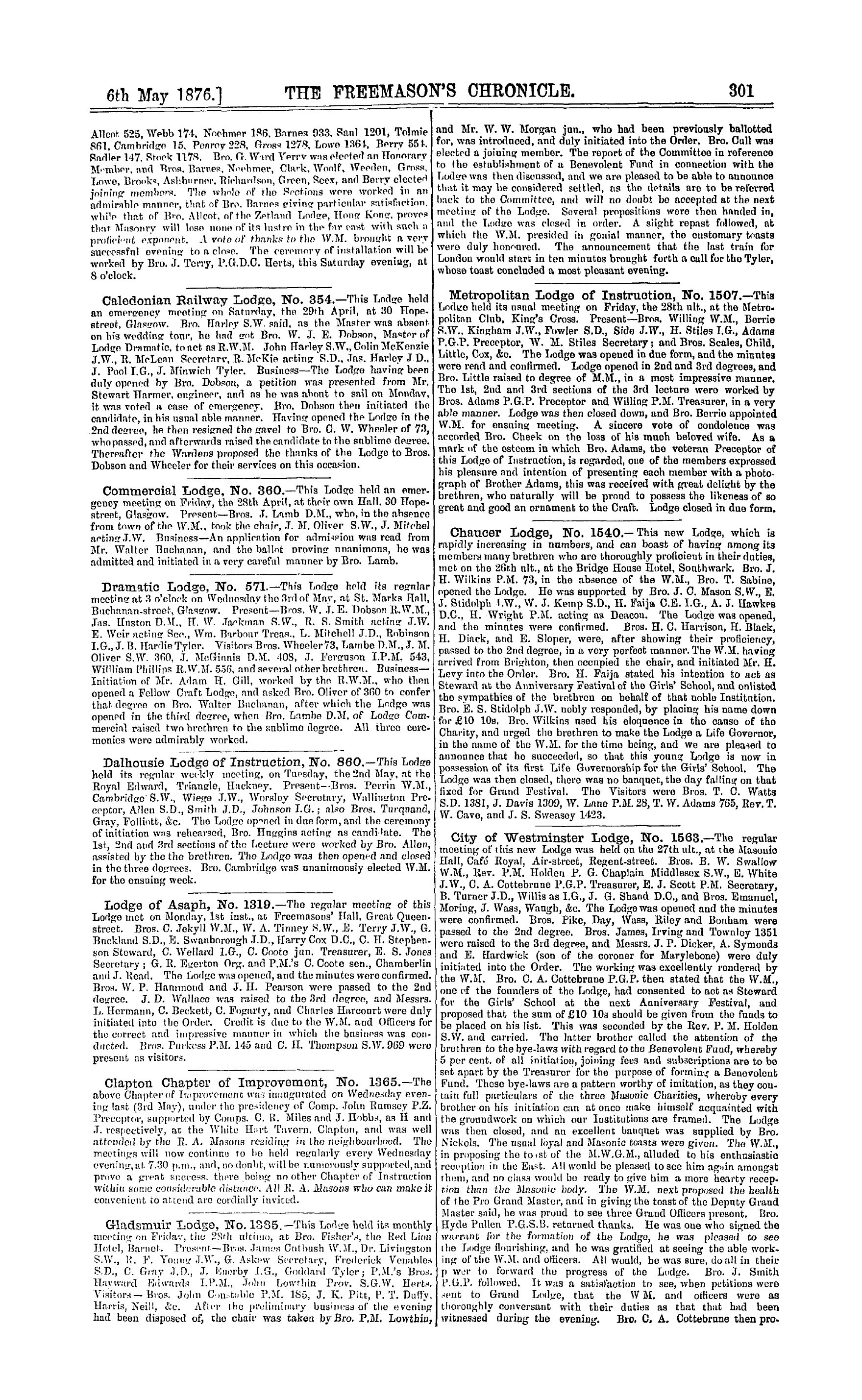 The Freemason's Chronicle: 1876-05-06 - Notices Of Meetings.