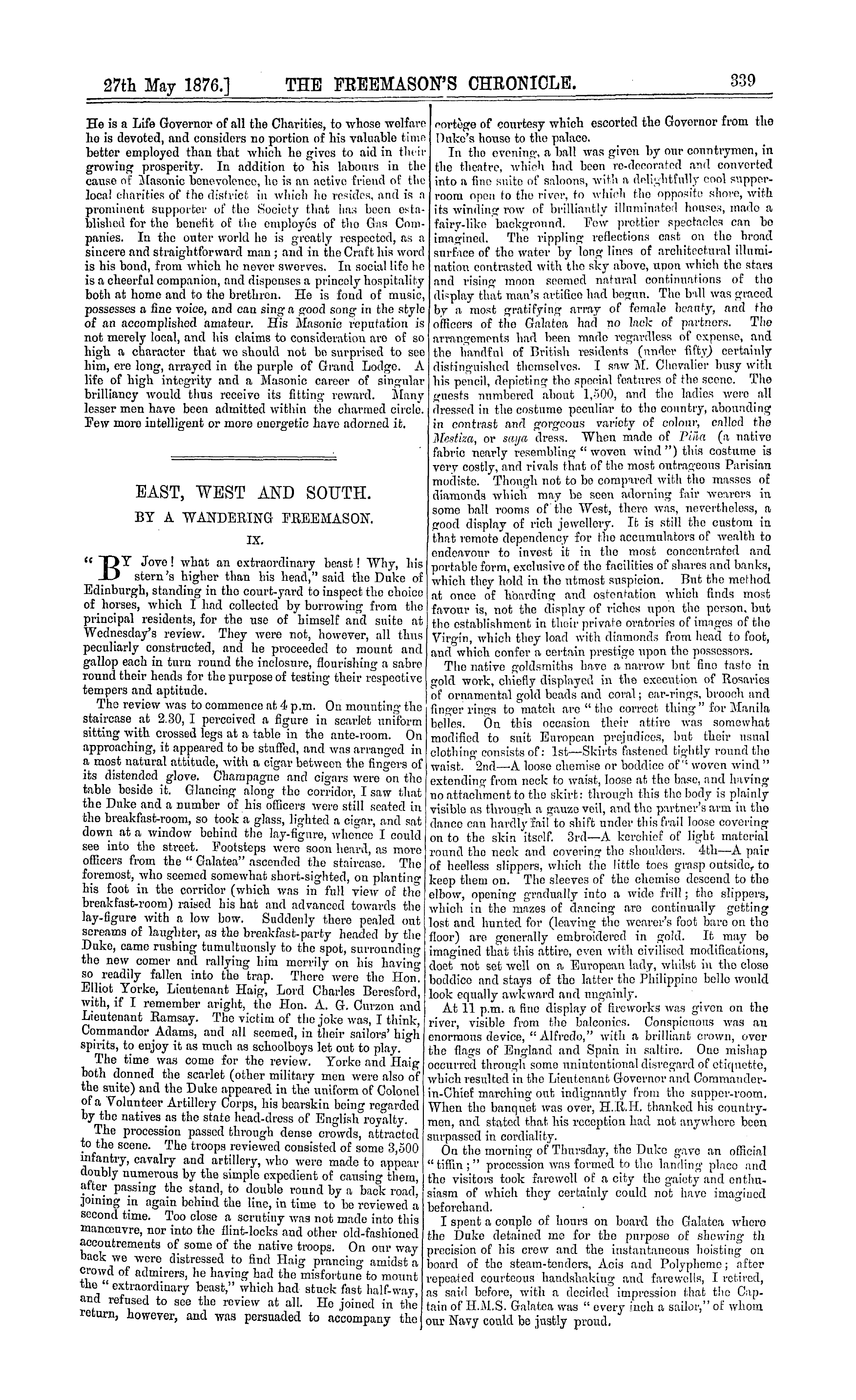 The Freemason's Chronicle: 1876-05-27 - East, West And South.