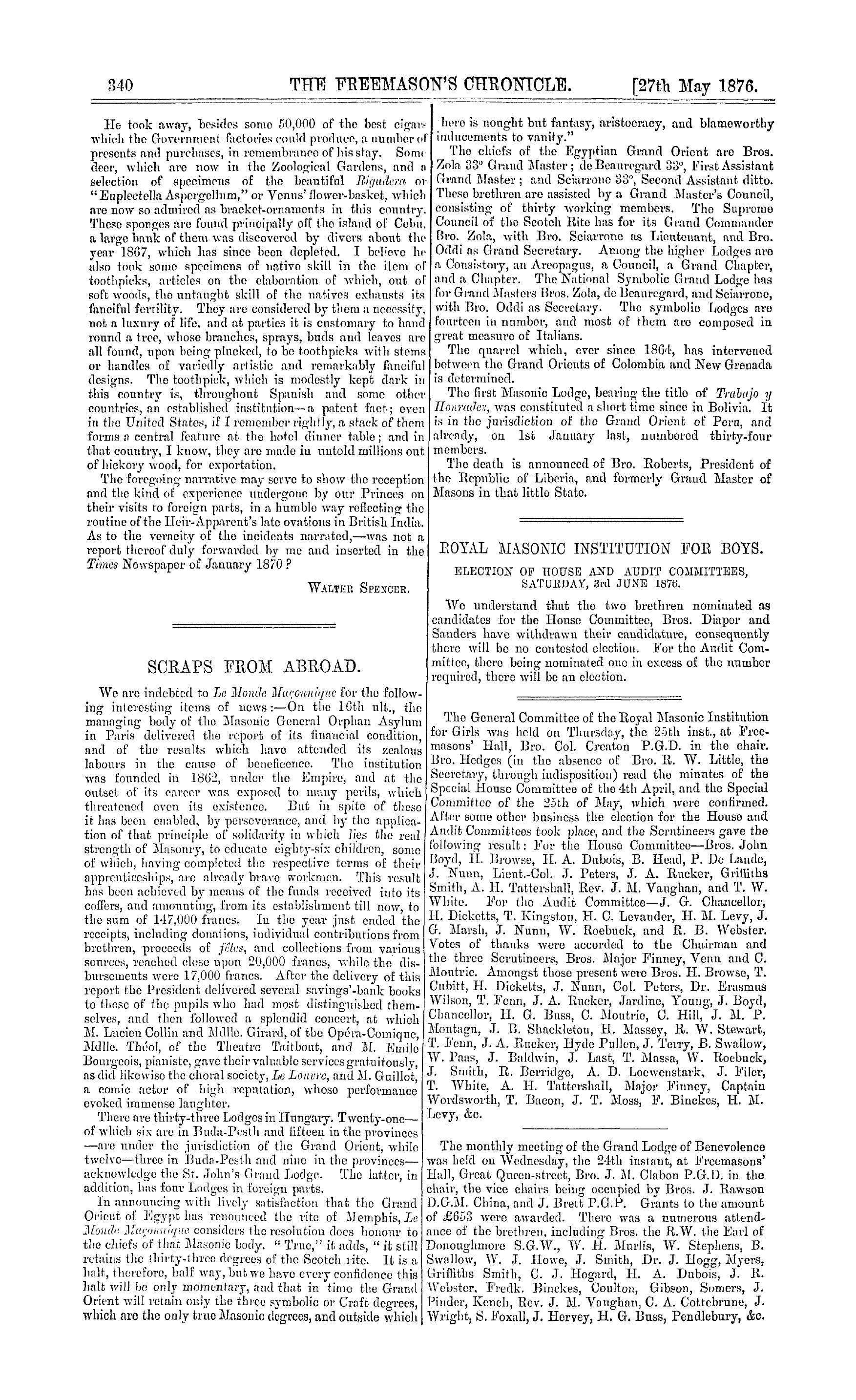 The Freemason's Chronicle: 1876-05-27 - East, West And South.