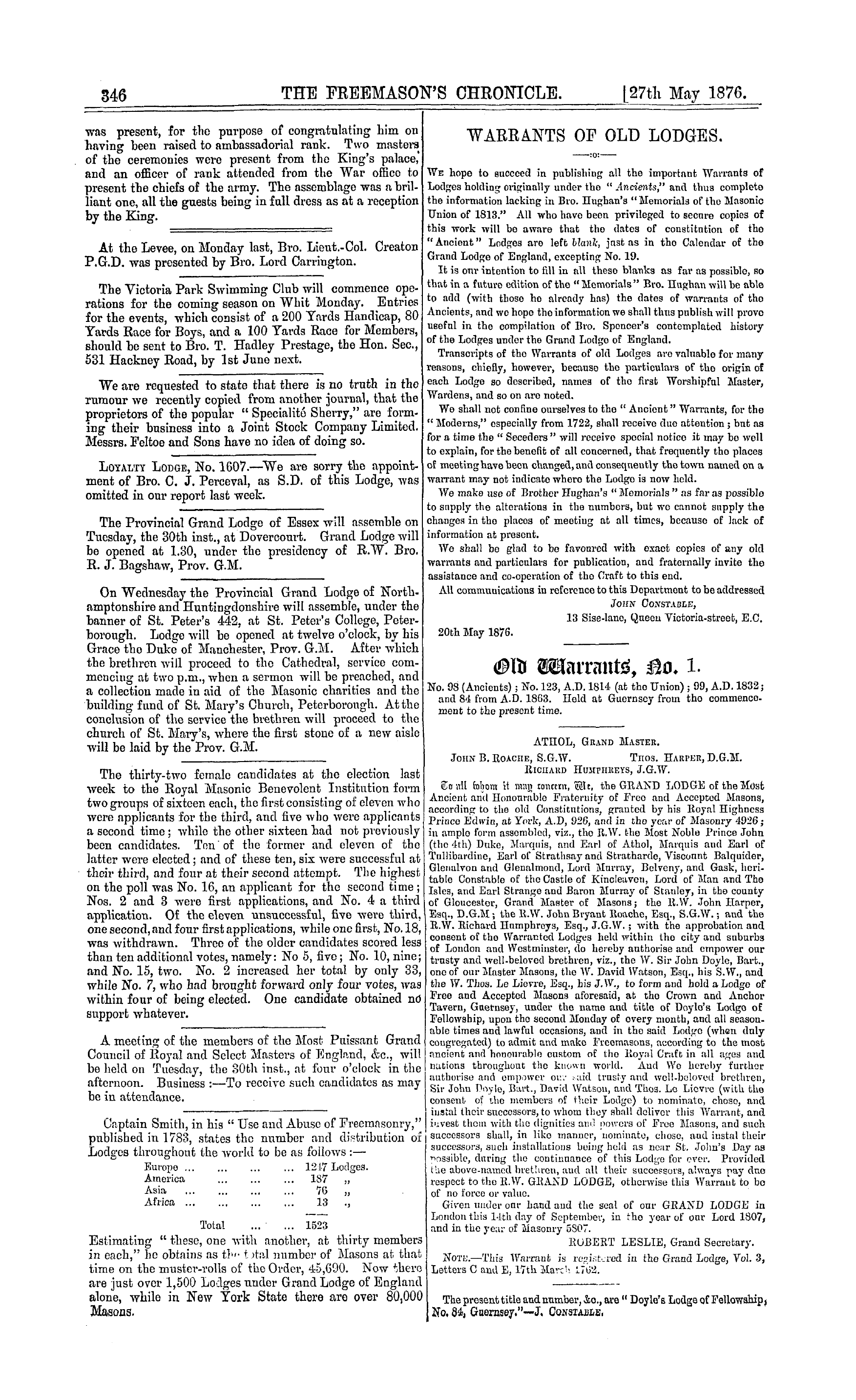 The Freemason's Chronicle: 1876-05-27 - Our Weekly Budget.