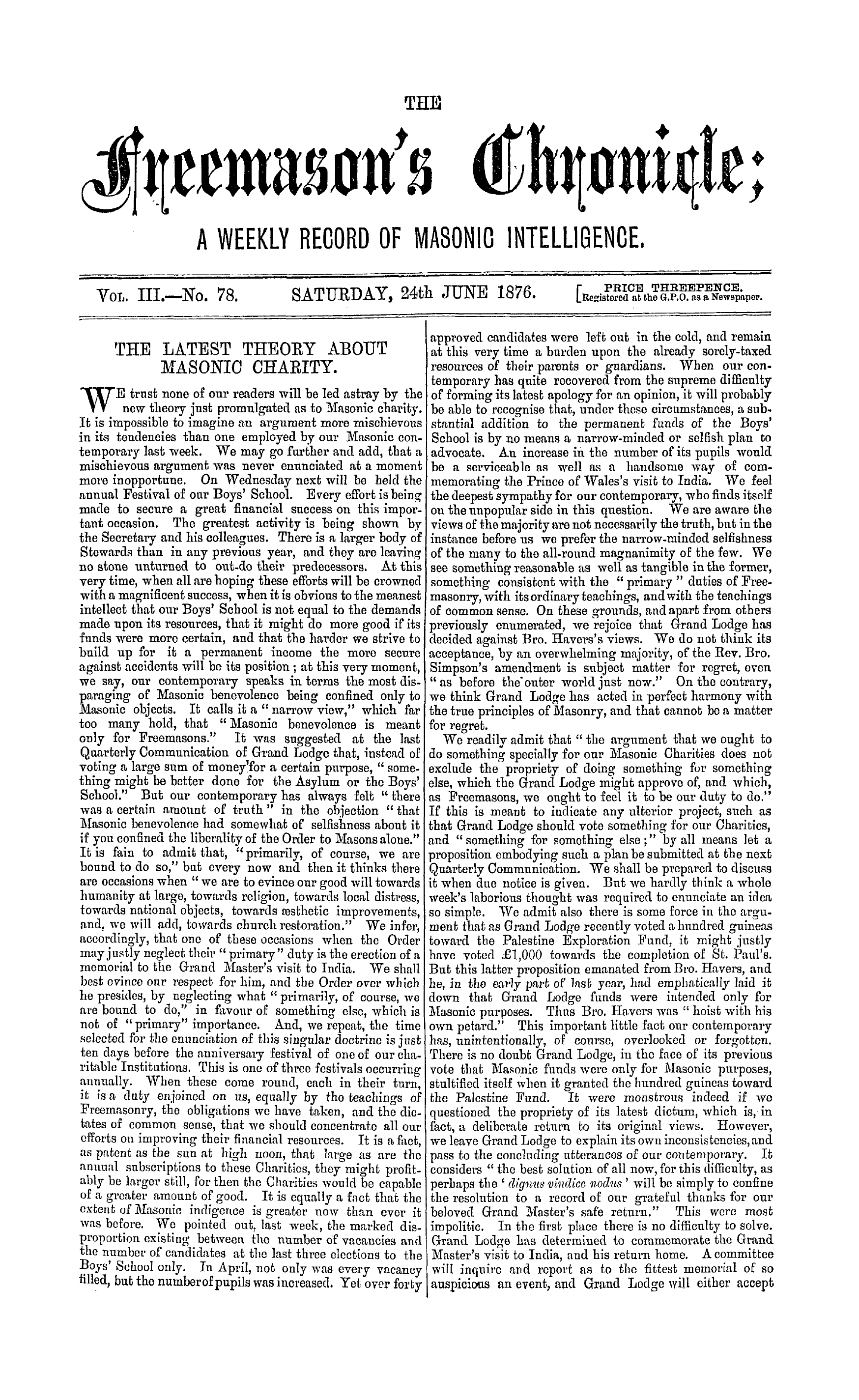 The Freemason's Chronicle: 1876-06-24 - The Latest Theory About Masonic Charity.