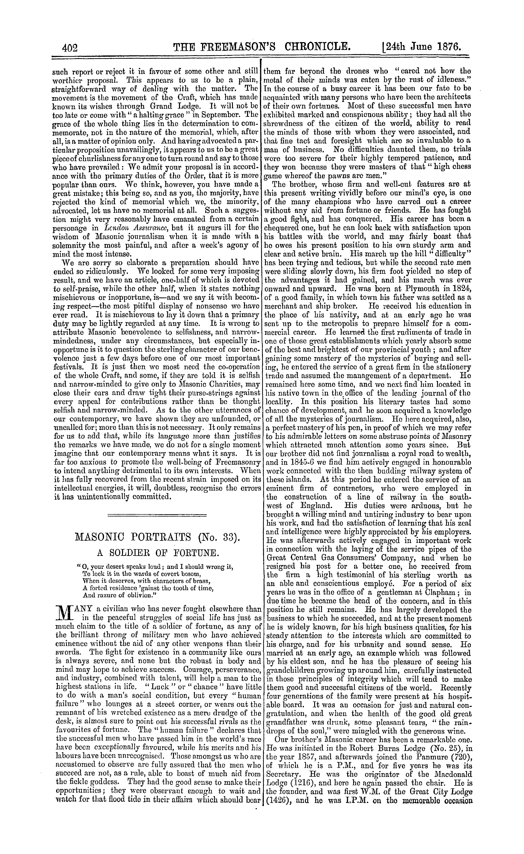 The Freemason's Chronicle: 1876-06-24 - Masonic Portraits (No. 33). A Soldier Op Fortune.