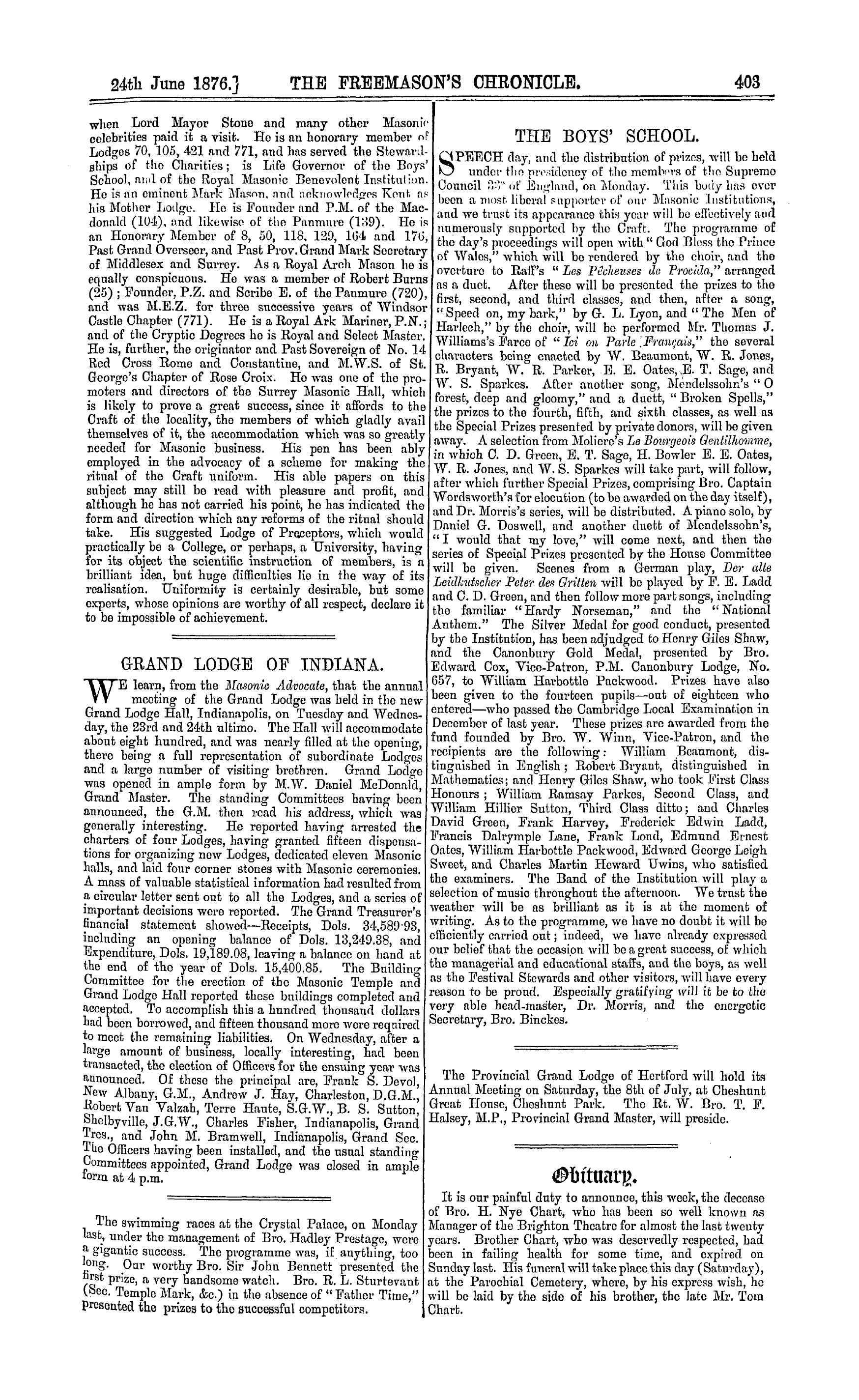 The Freemason's Chronicle: 1876-06-24 - Obituary.