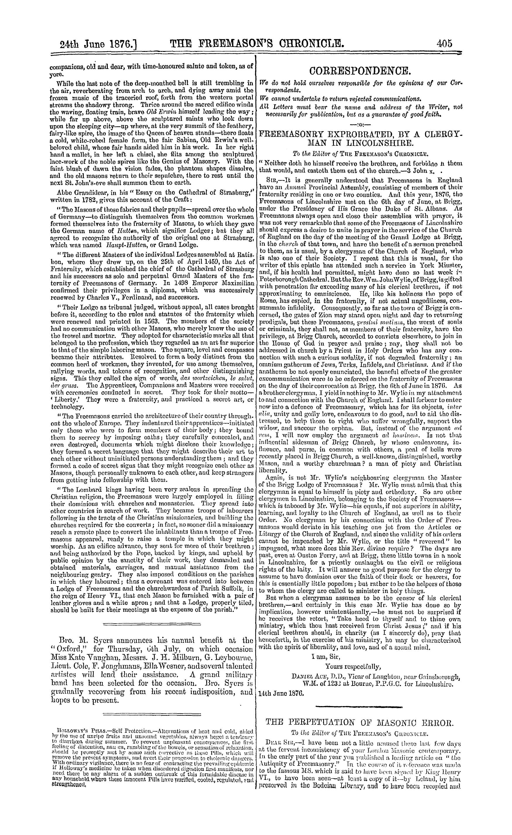 The Freemason's Chronicle: 1876-06-24 - Correspondence.