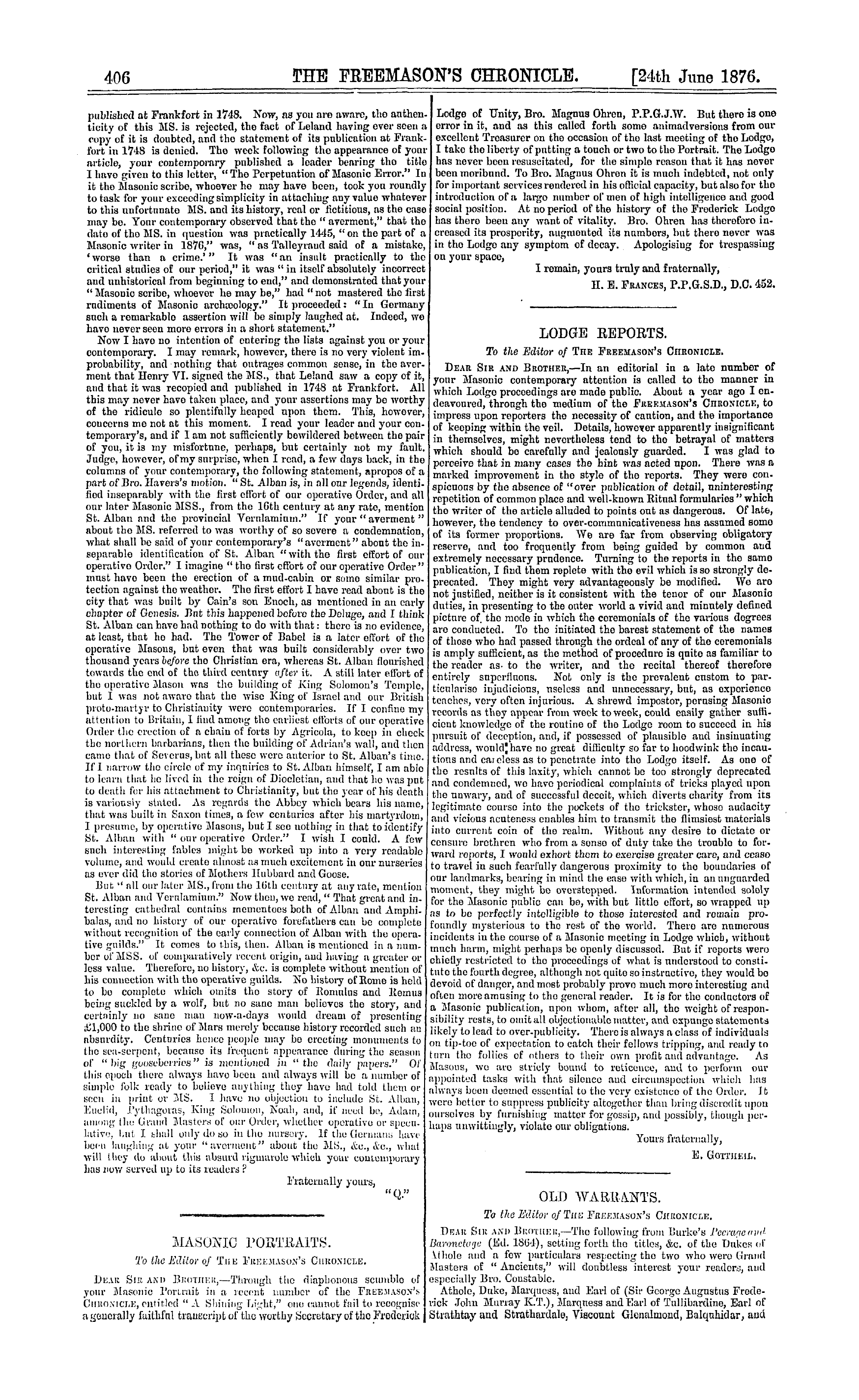 The Freemason's Chronicle: 1876-06-24 - Old Warrants.