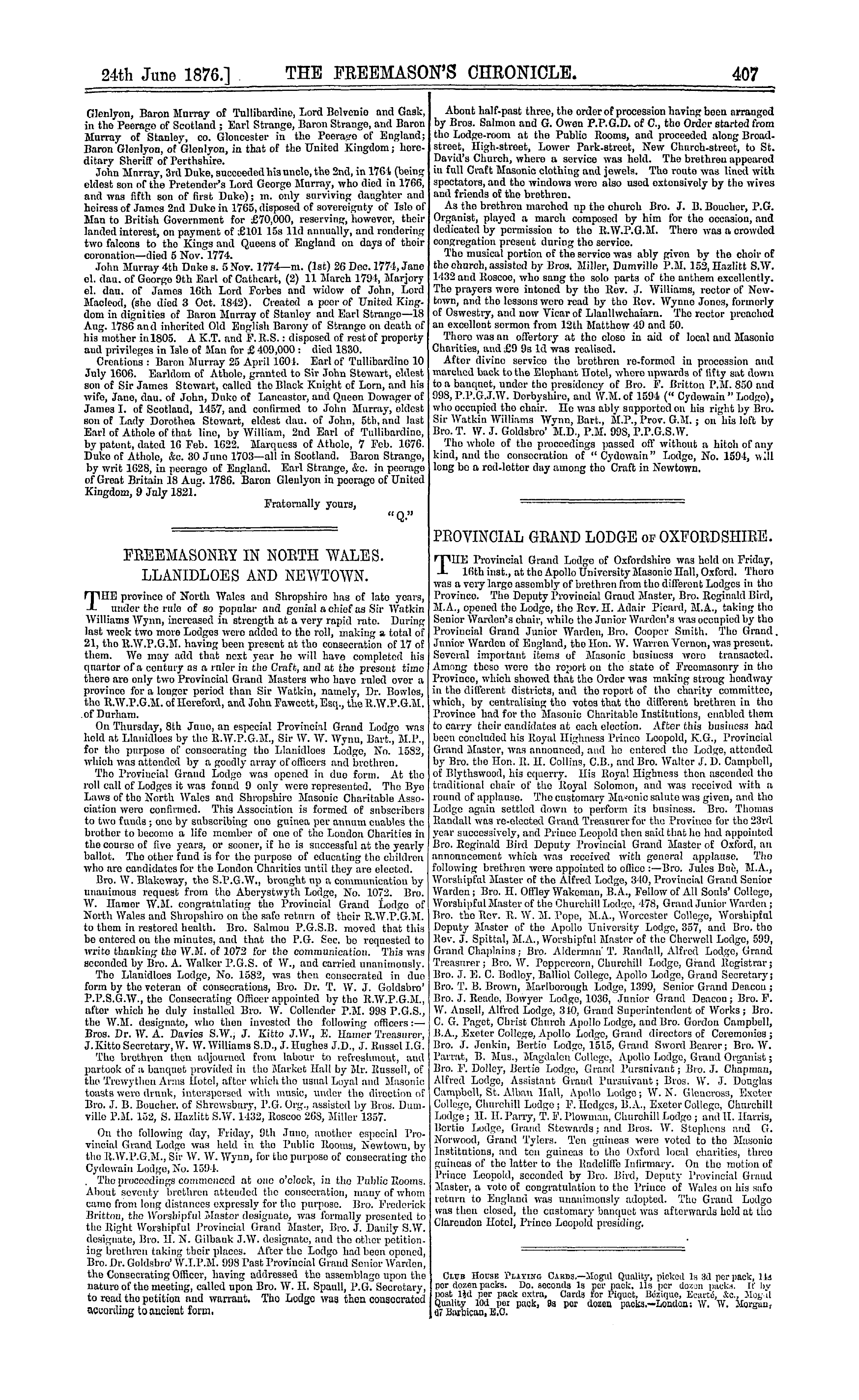 The Freemason's Chronicle: 1876-06-24 - Freemasonry In North Wales. Llanidloes And Newtown.