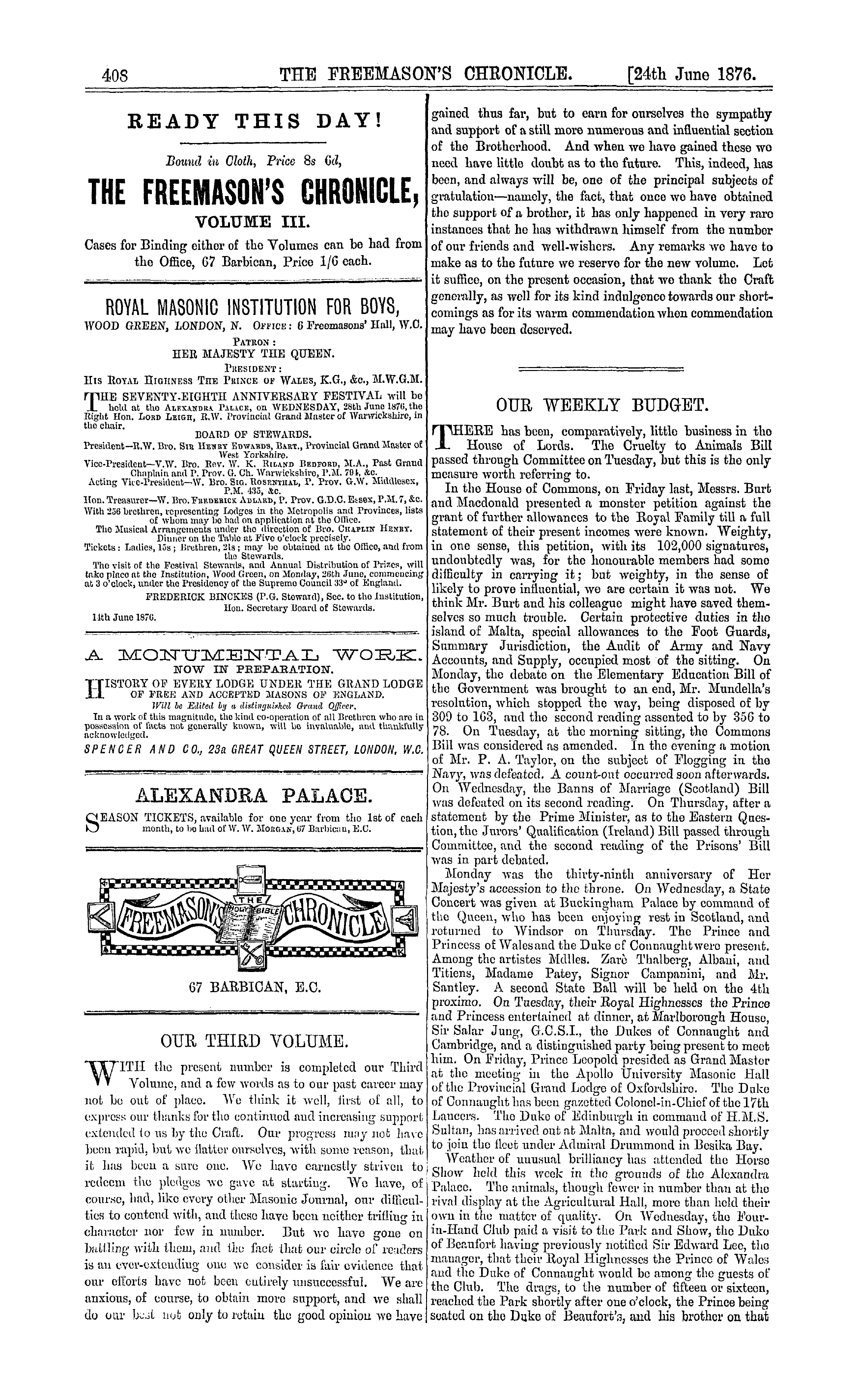 The Freemason's Chronicle: 1876-06-24 - Our Third Volume.