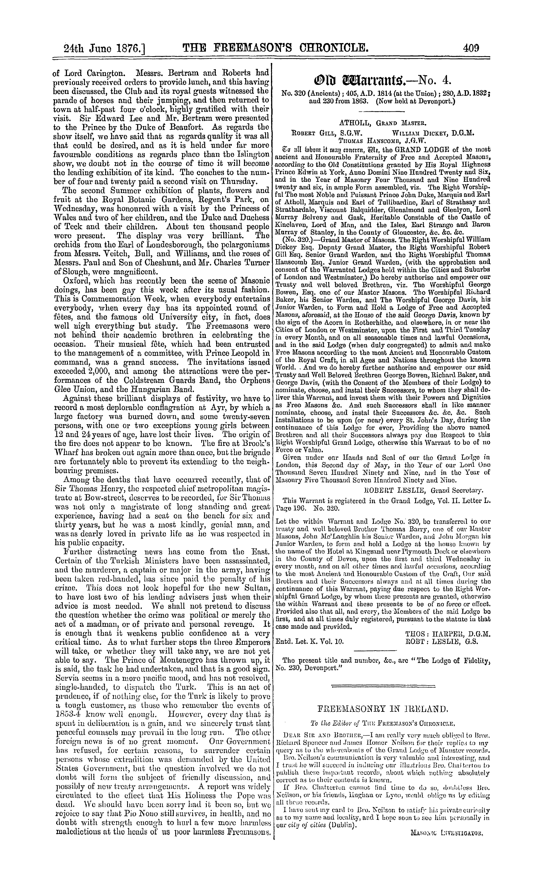 The Freemason's Chronicle: 1876-06-24 - Freemasonry In Ireland.