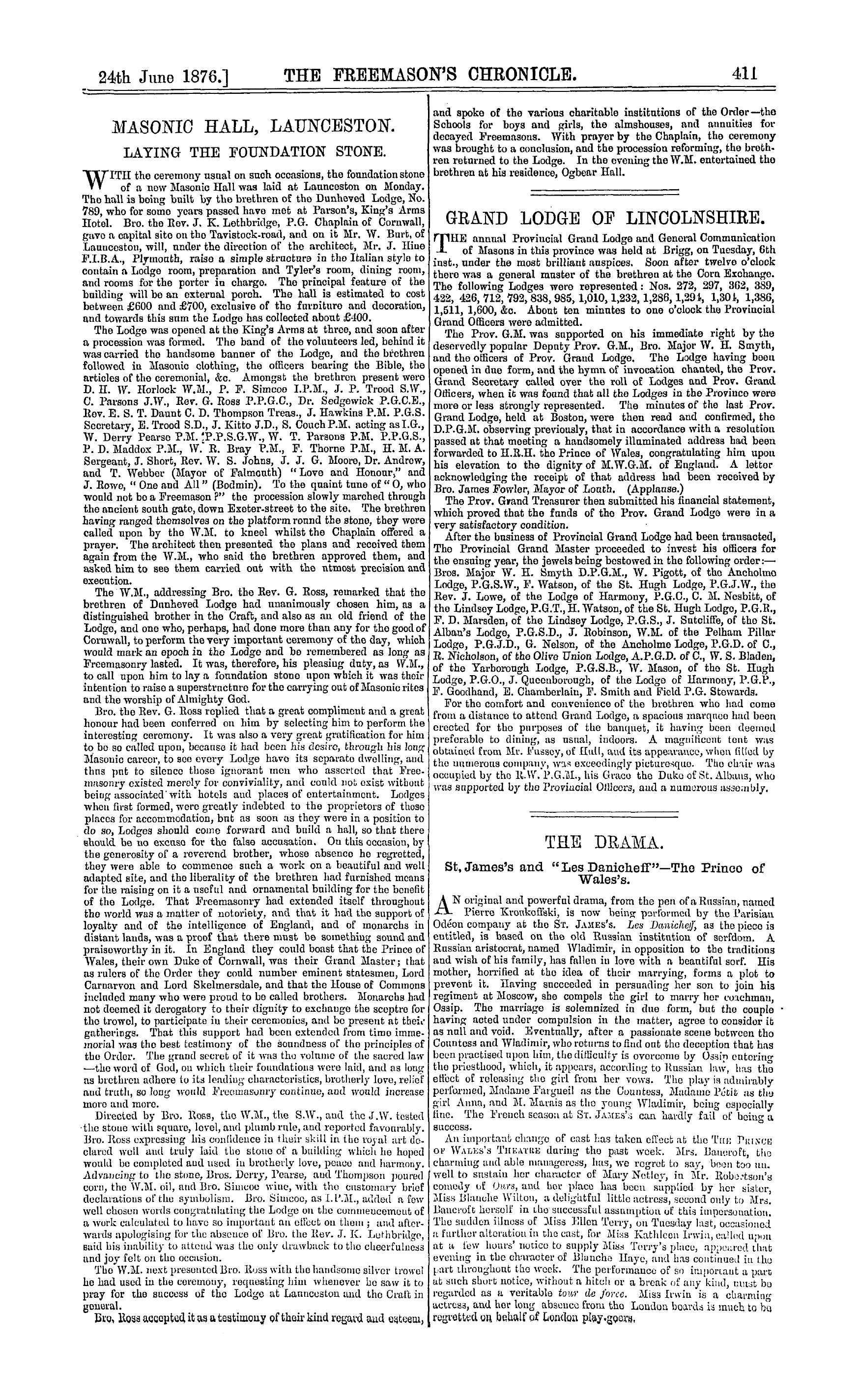 The Freemason's Chronicle: 1876-06-24 - Masonic Hall, Launceston. Laying The Foundation Stone.