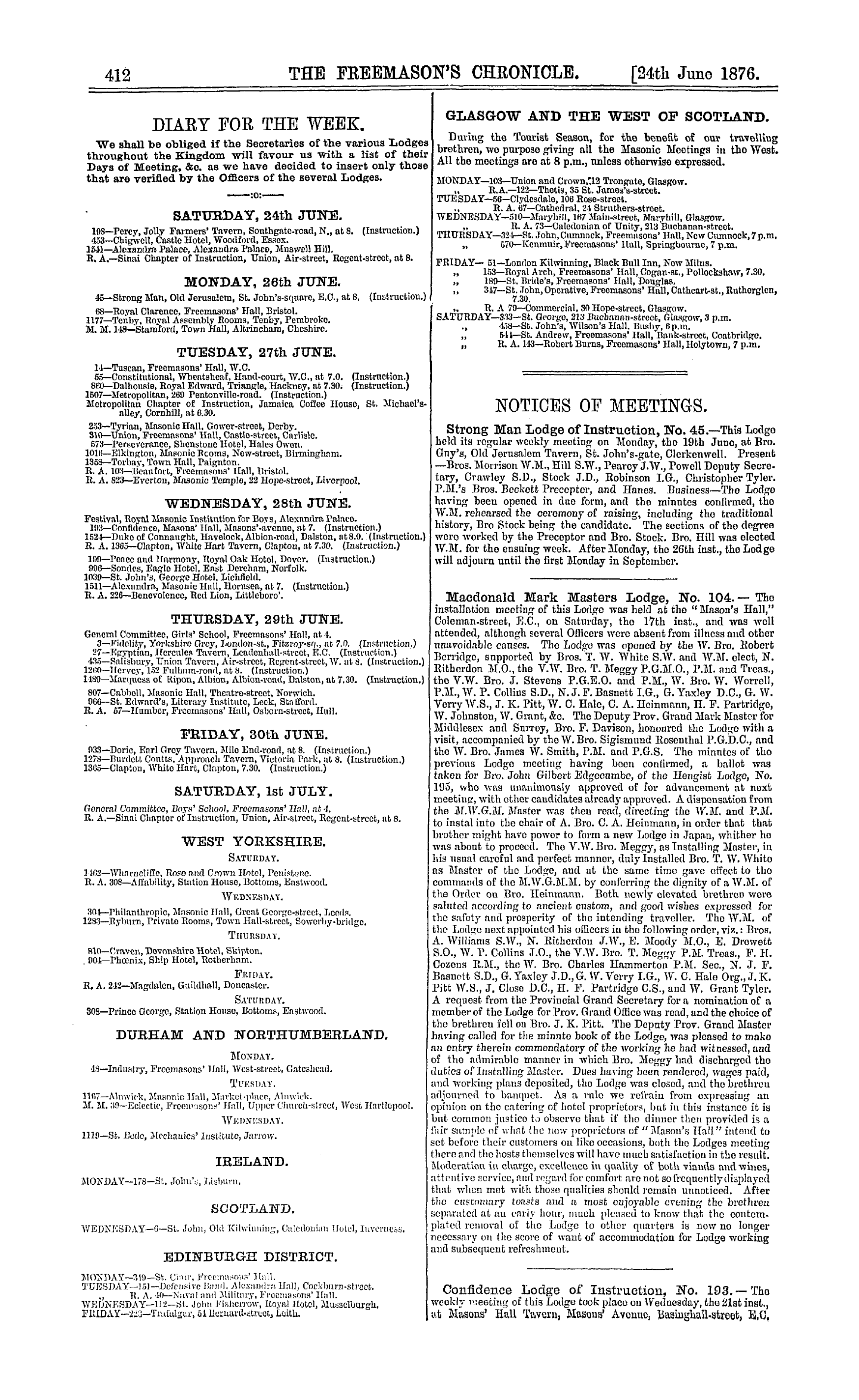 The Freemason's Chronicle: 1876-06-24 - Notices Of Meetings.