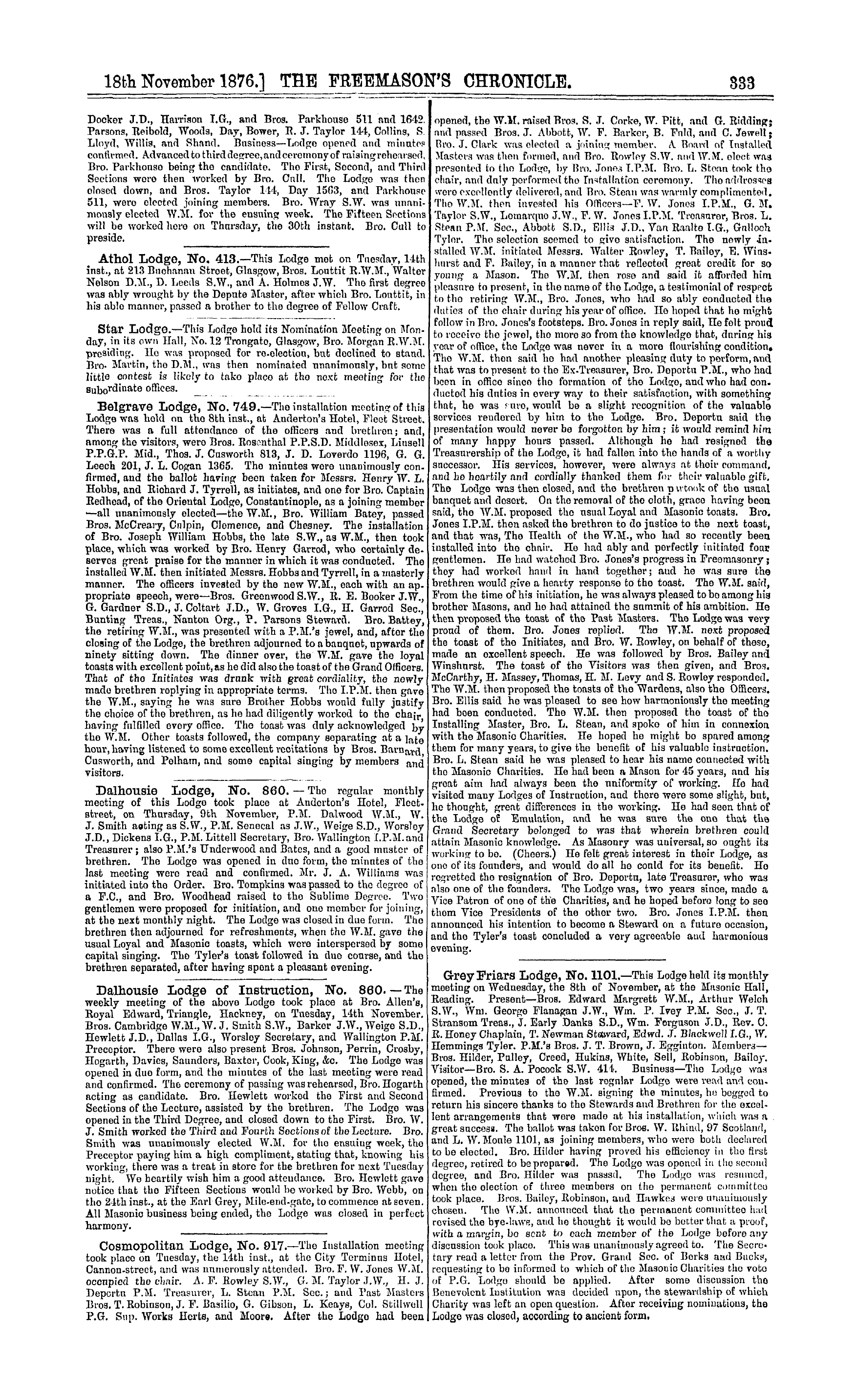 The Freemason's Chronicle: 1876-11-18 - Notices Of Meetings.