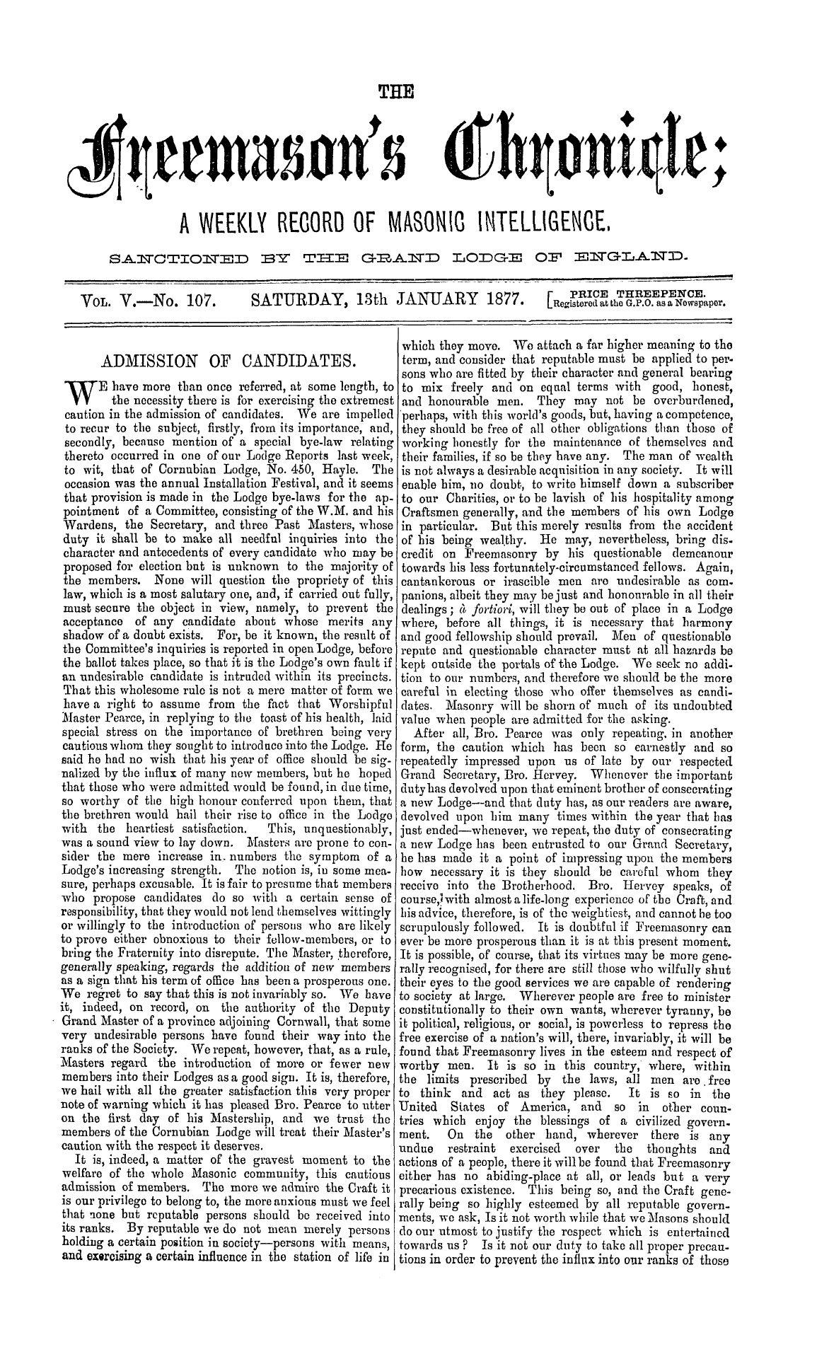 The Freemason's Chronicle: 1877-01-13 - Admission Of Candidates.