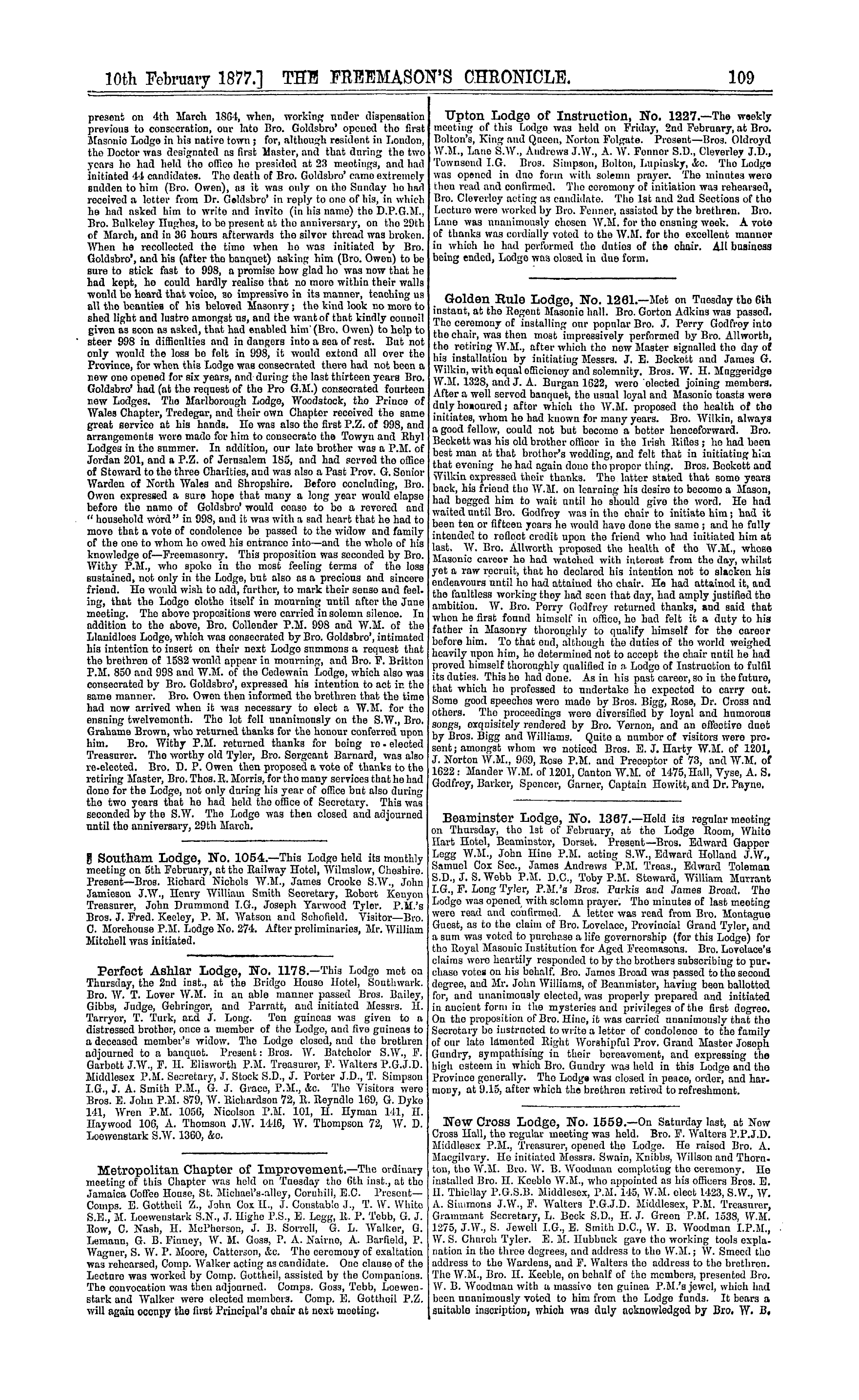 The Freemason's Chronicle: 1877-02-10 - Notices Of Meetings