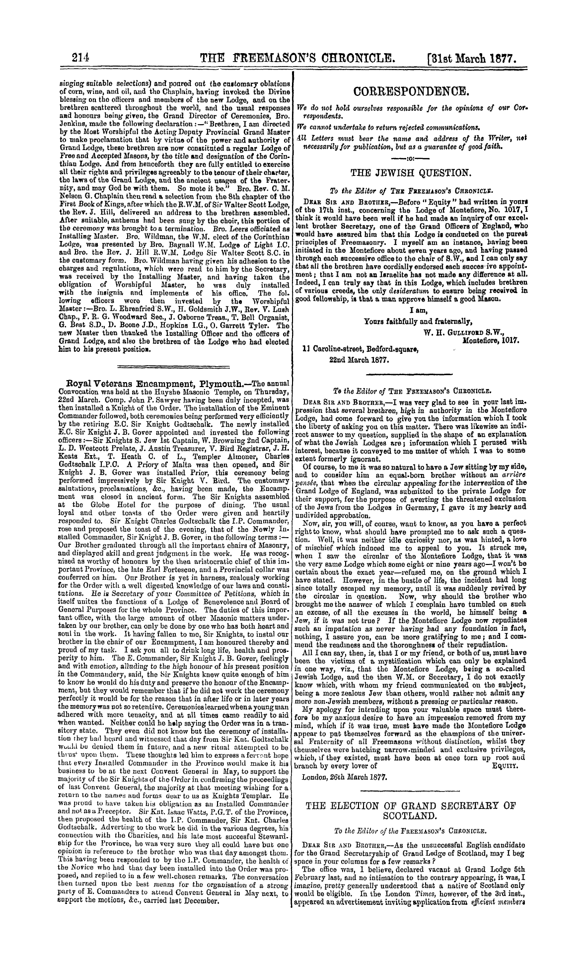 The Freemason's Chronicle: 1877-03-31 - Correspondence