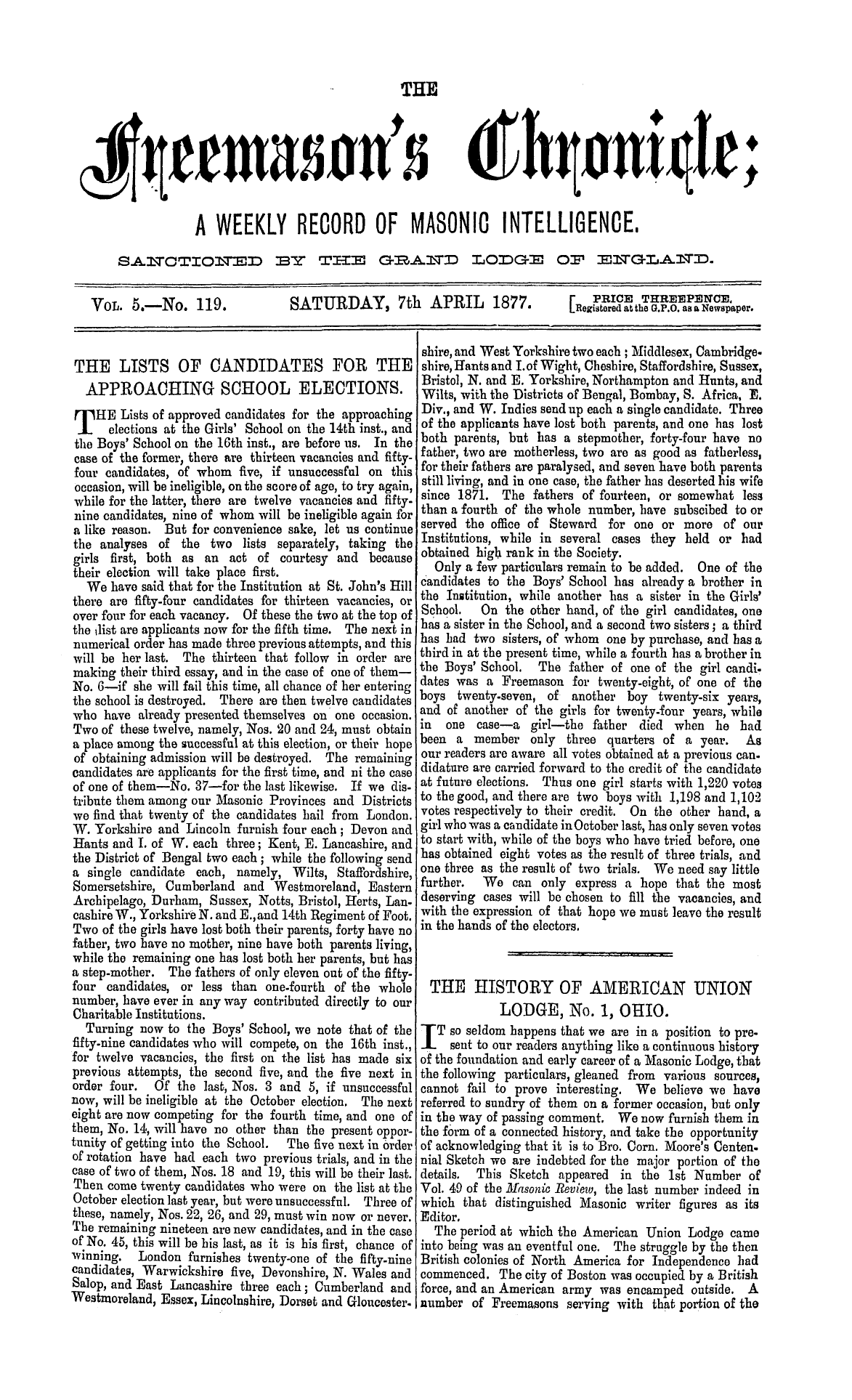 The Freemason's Chronicle: 1877-04-07 - The History Of American Union Lodge, No. 1, Ohio.