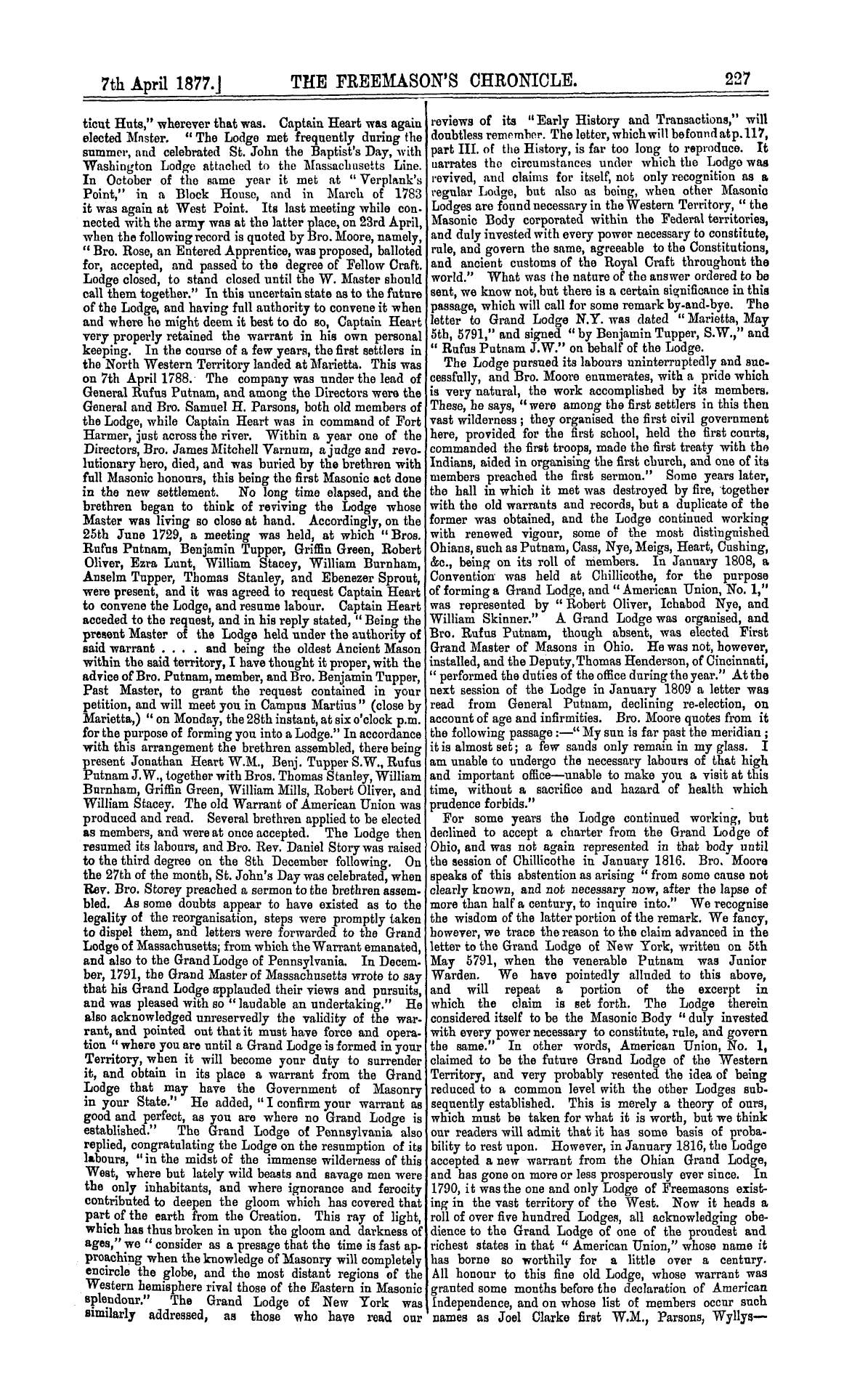 The Freemason's Chronicle: 1877-04-07 - The History Of American Union Lodge, No. 1, Ohio.