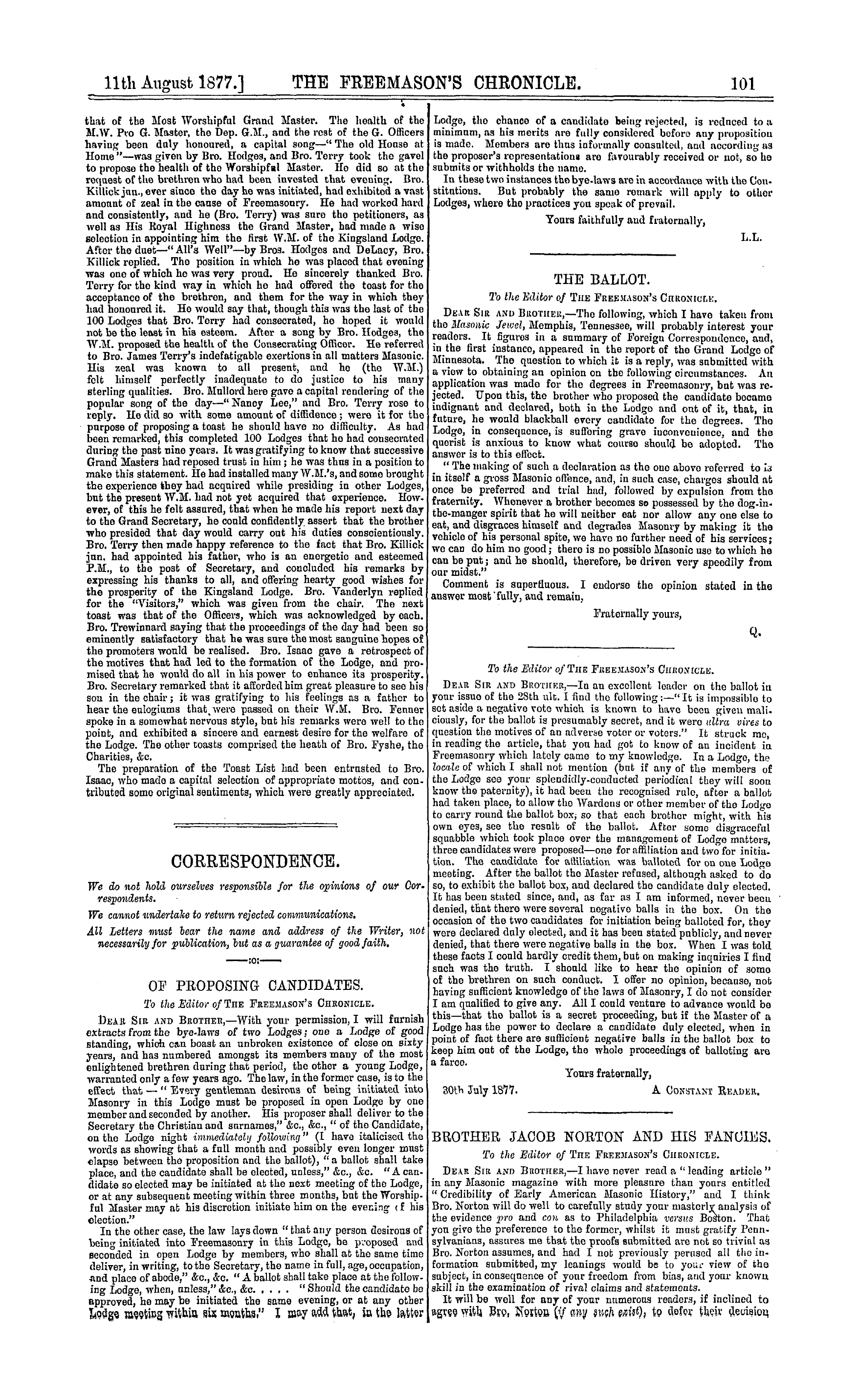 The Freemason's Chronicle: 1877-08-11 - Correspondence