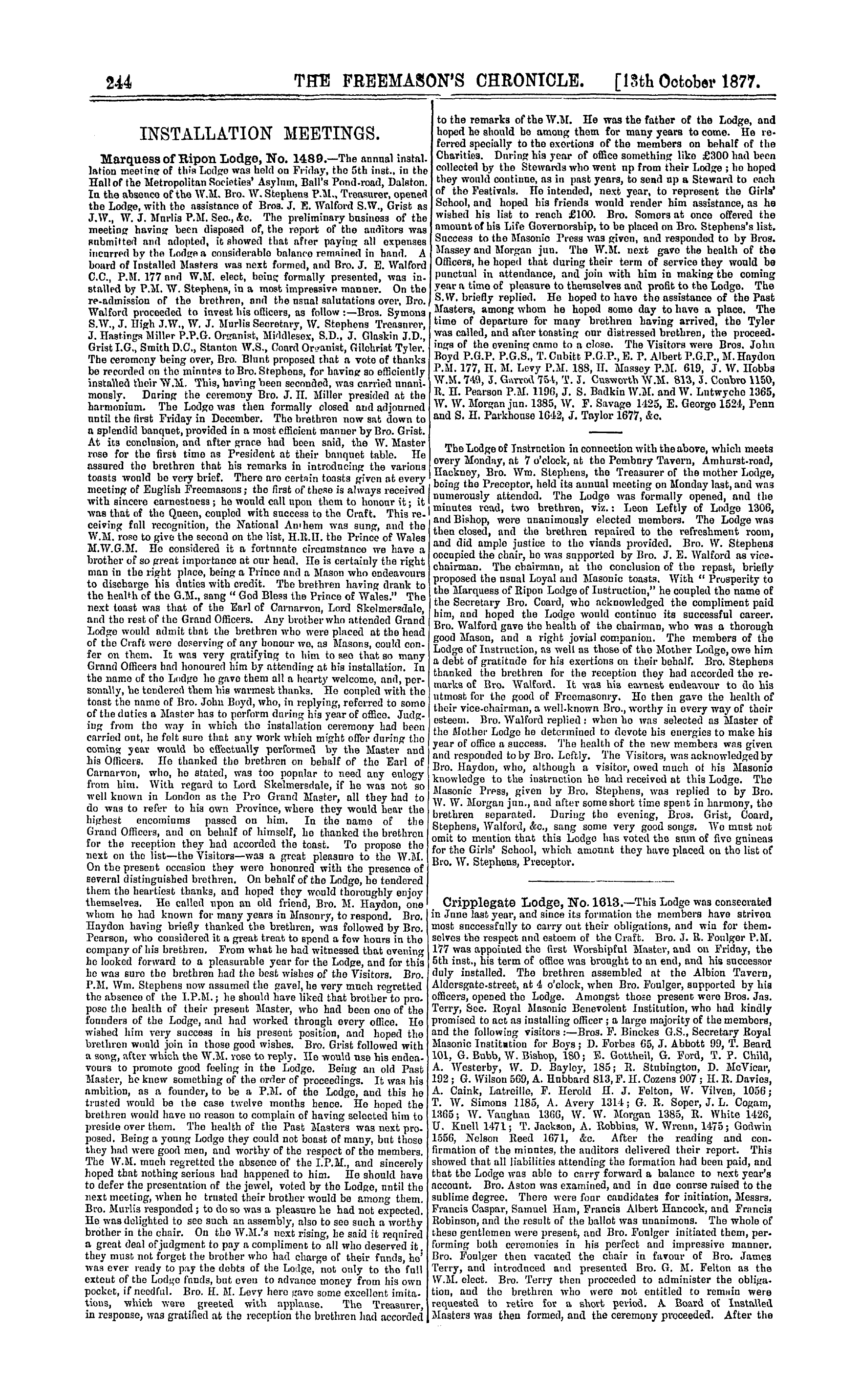 The Freemason's Chronicle: 1877-10-13 - Installation Meetings