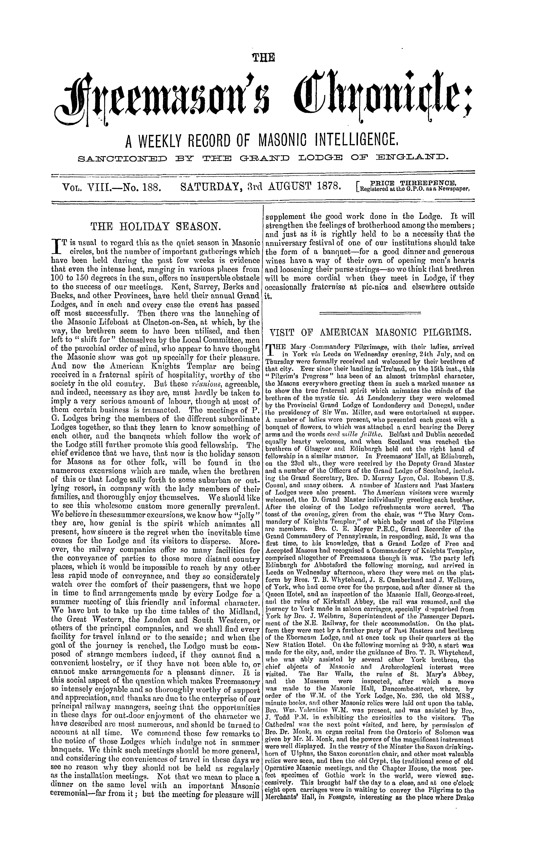 The Freemason's Chronicle: 1878-08-03 - The Holiday Season.