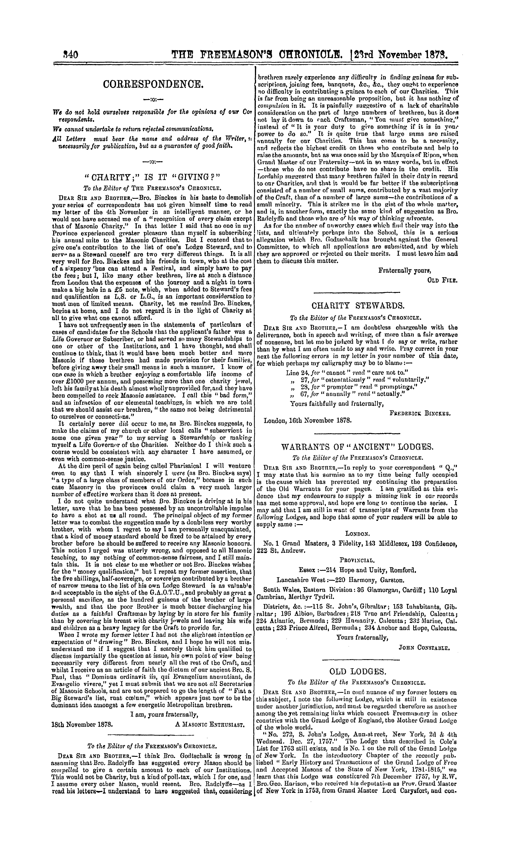 The Freemason's Chronicle: 1878-11-23 - Old Lodges.