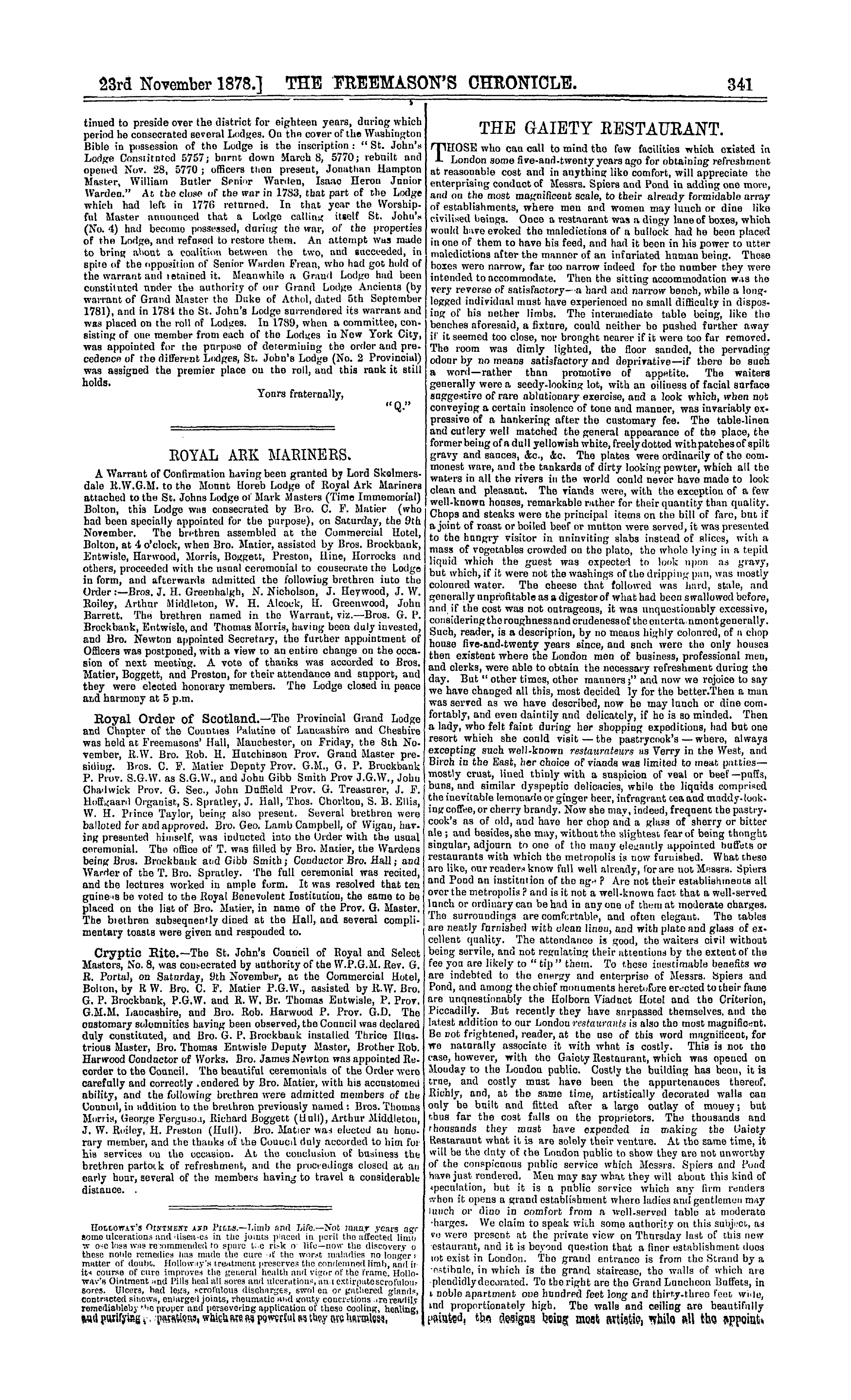 The Freemason's Chronicle: 1878-11-23 - Old Lodges.