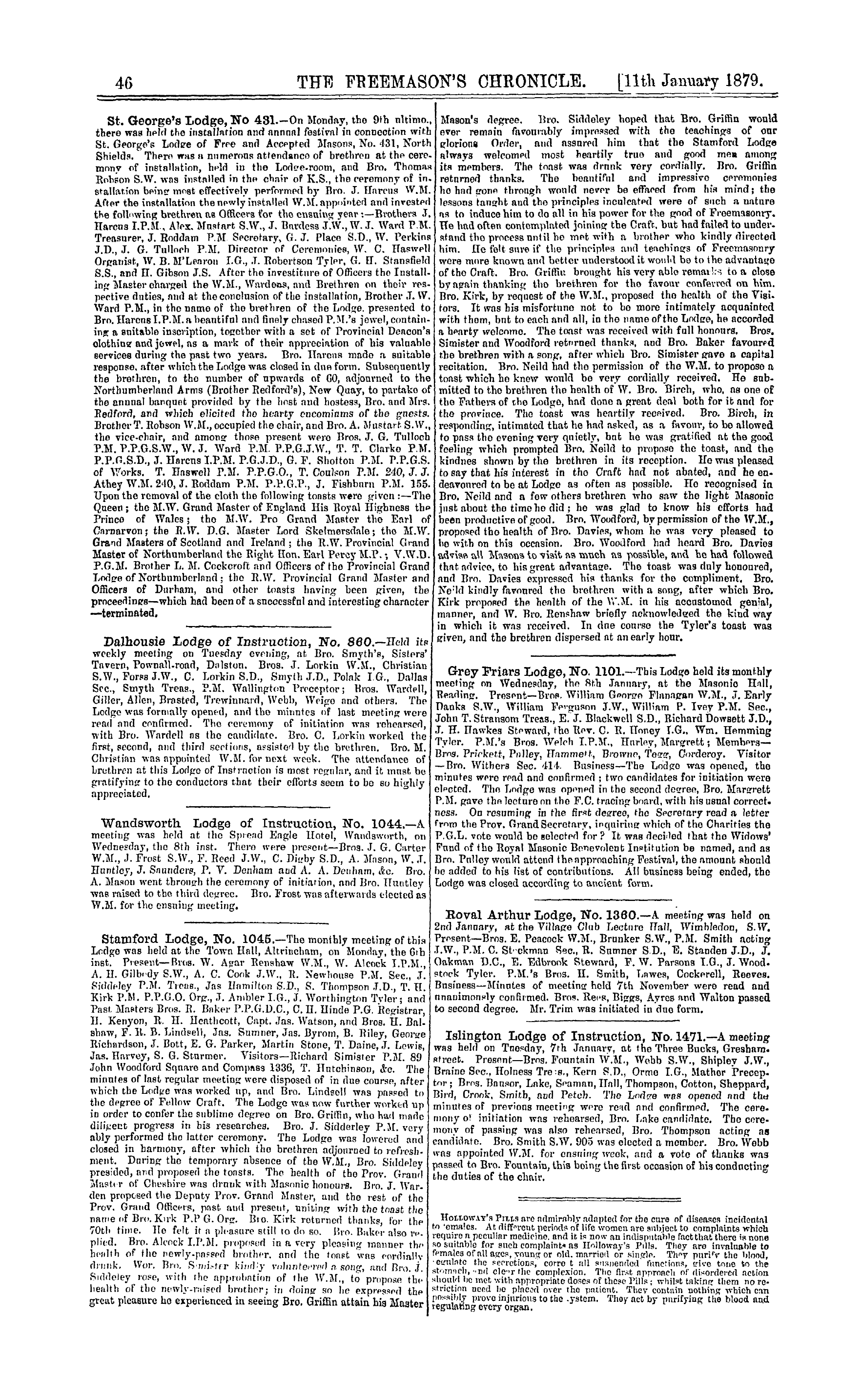 The Freemason's Chronicle: 1879-01-11 - Notices Of Meetings.