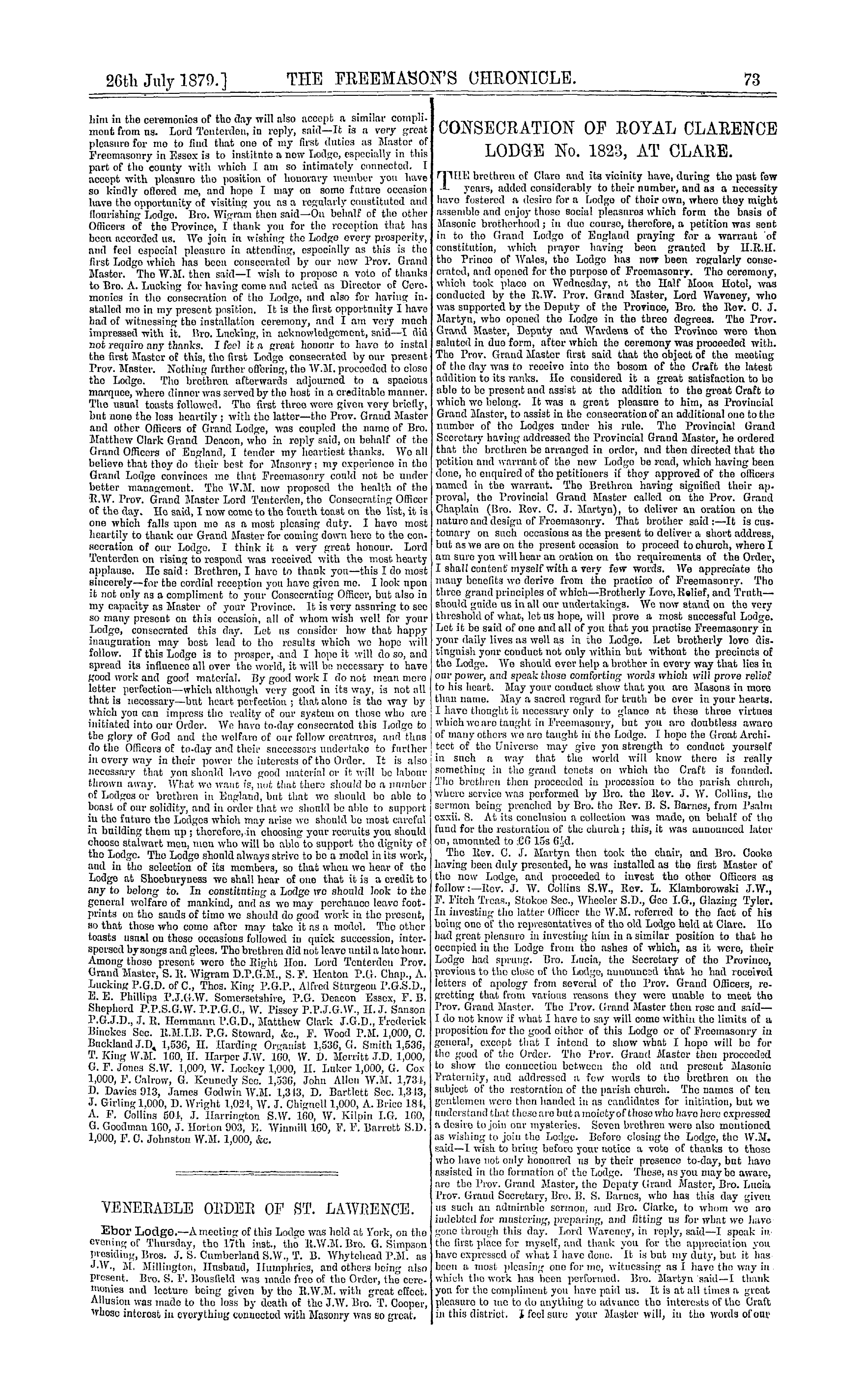 The Freemason's Chronicle: 1879-07-26 - Consecration Of Royal Clarence Lodge No. 1823, At Clare.