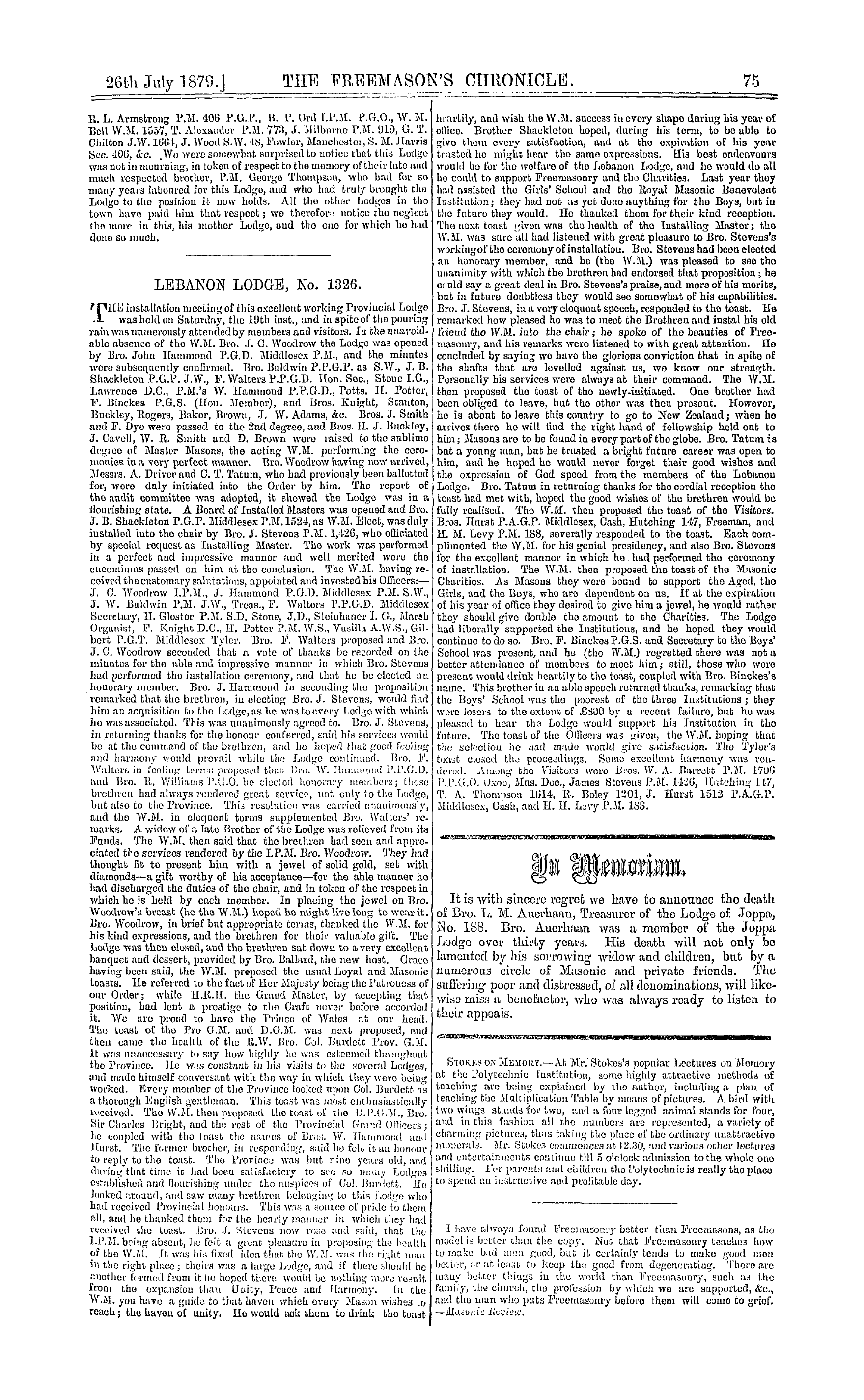 The Freemason's Chronicle: 1879-07-26 - Installation Meetings, &C.