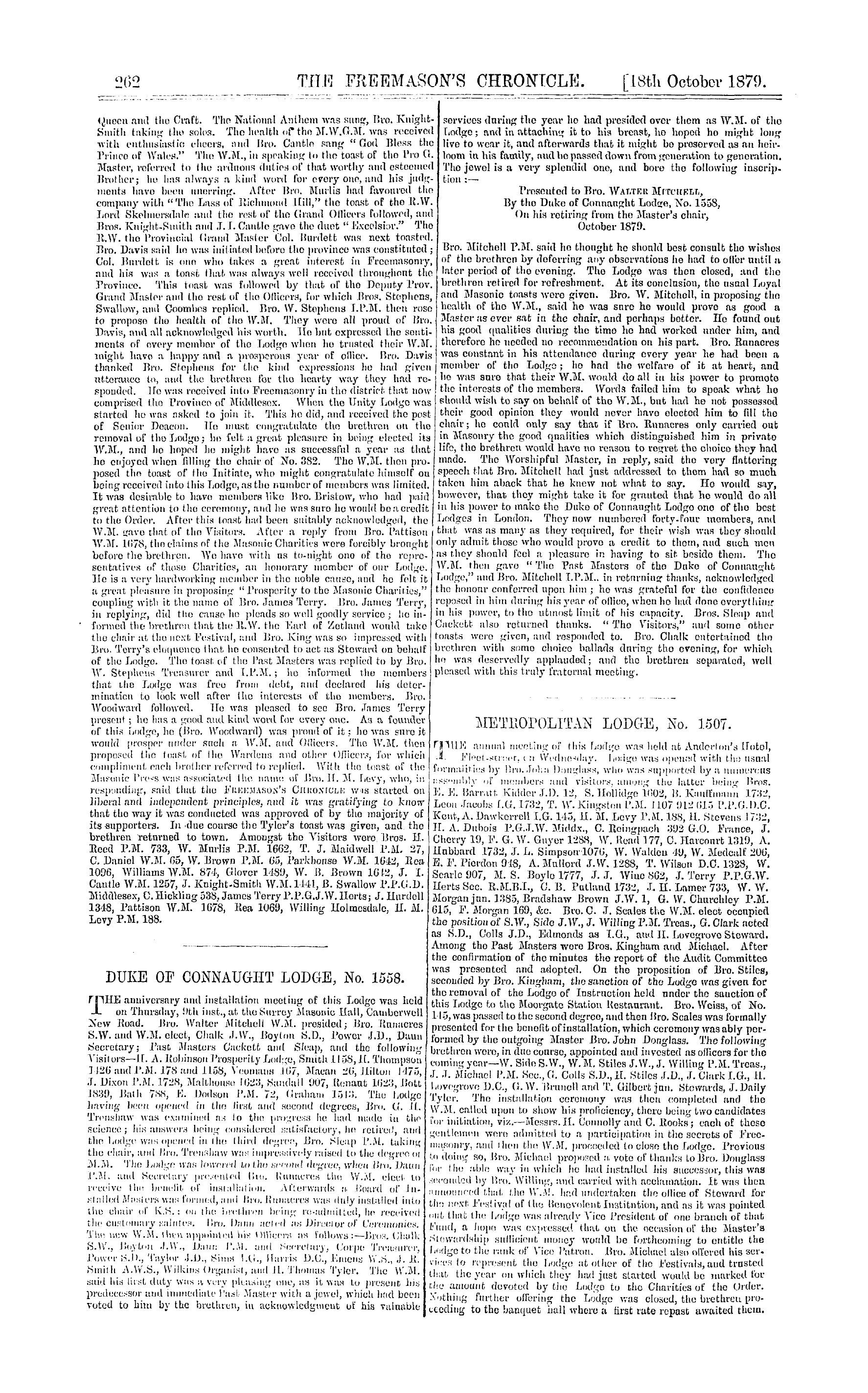 The Freemason's Chronicle: 1879-10-18 - Metropolitan Lodge, No, 1507.