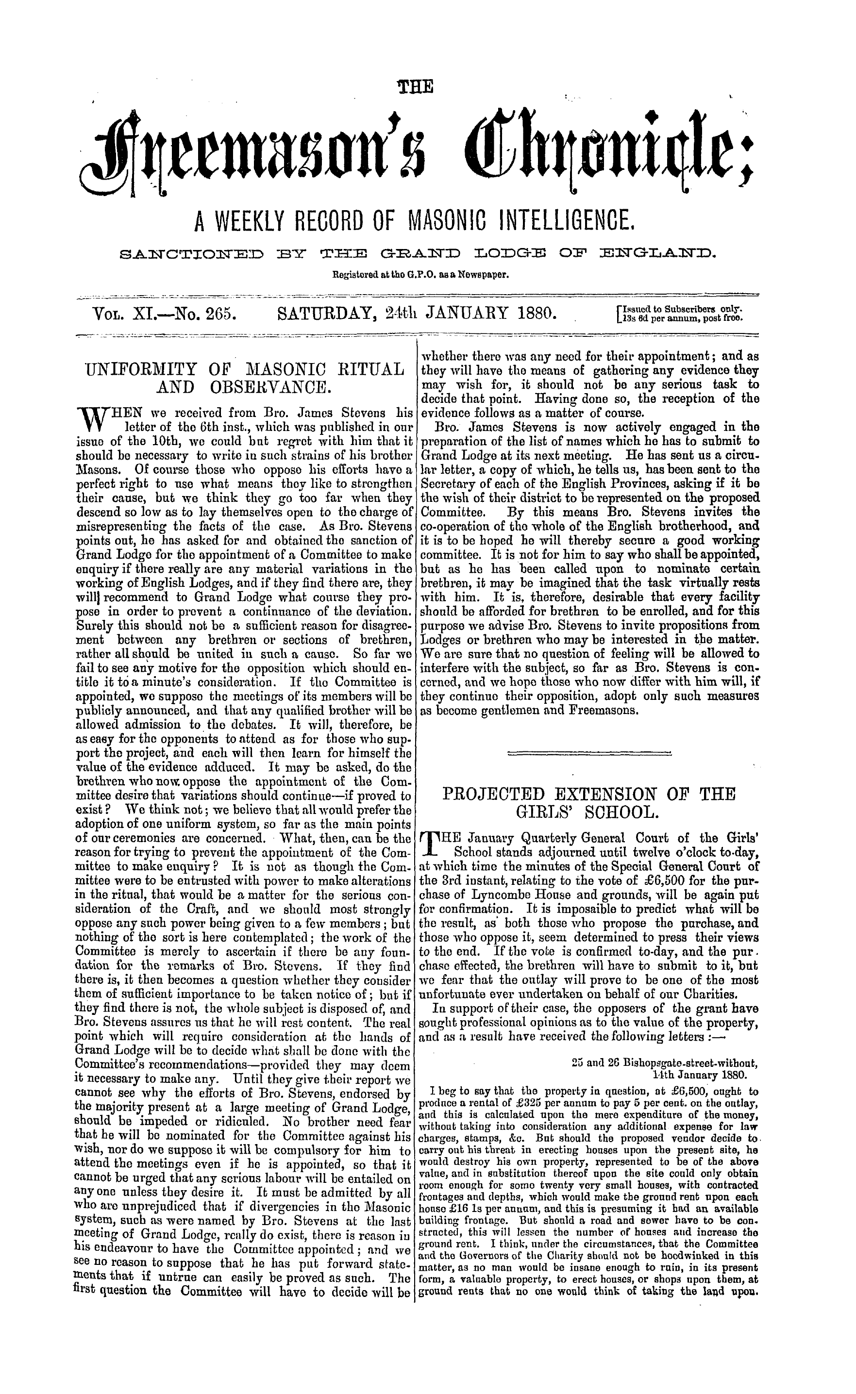 The Freemason's Chronicle: 1880-01-24 - Projected Extension Of The Girls' School.